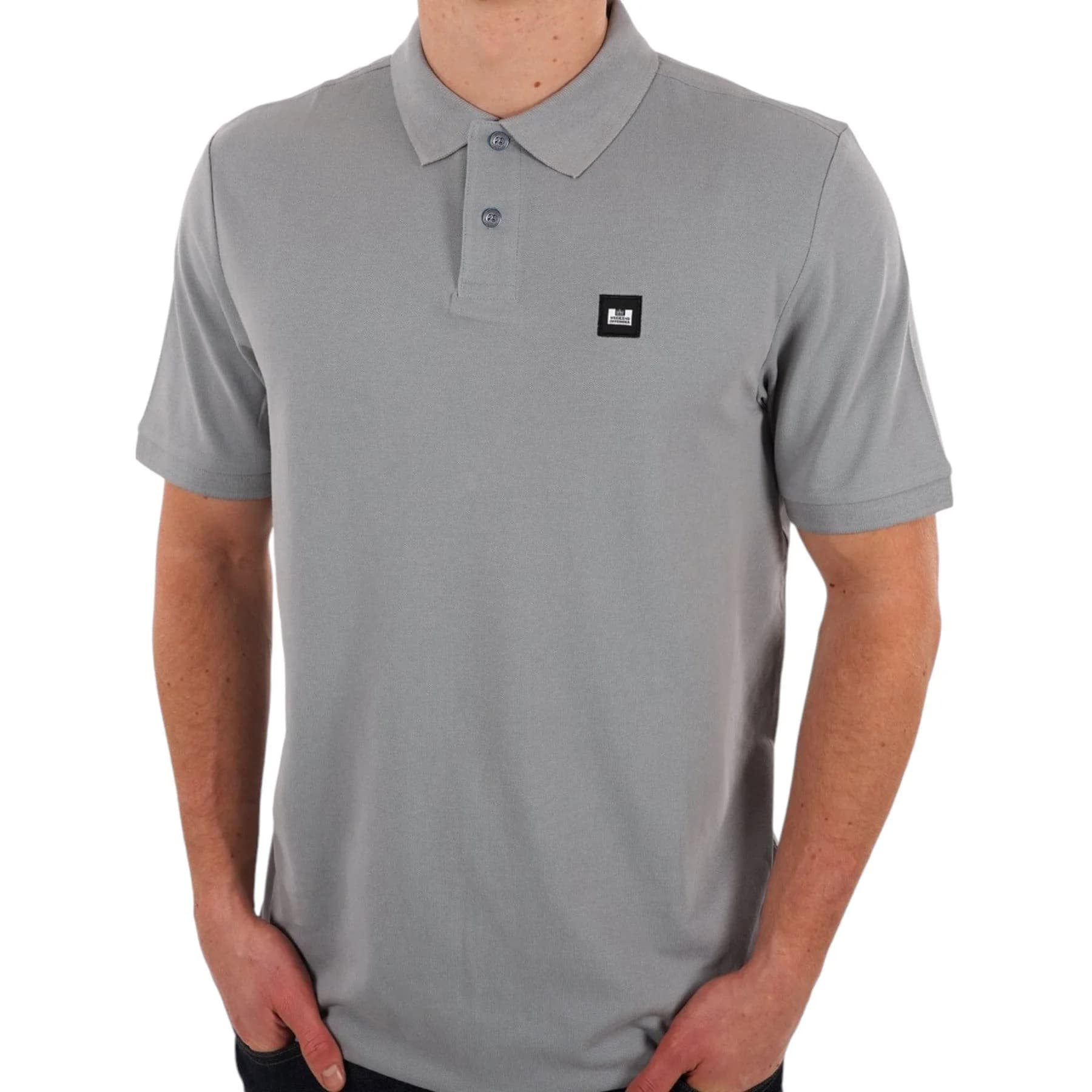 Weekend Offender grey mens polo shirt with WO chest badge and contrast buttons, front view