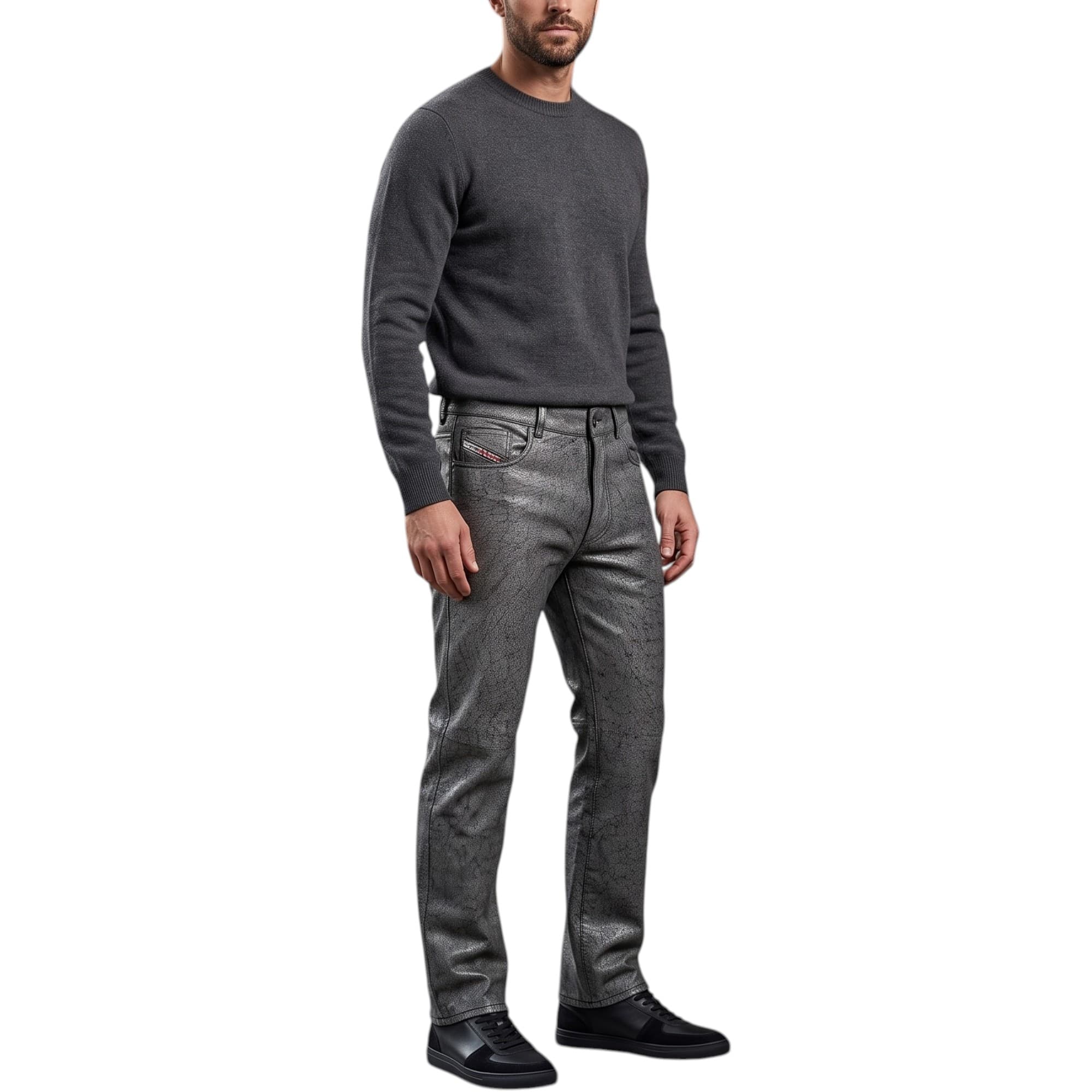 Diesel P-Marden men's loose-fit lambskin leather jeans, front view