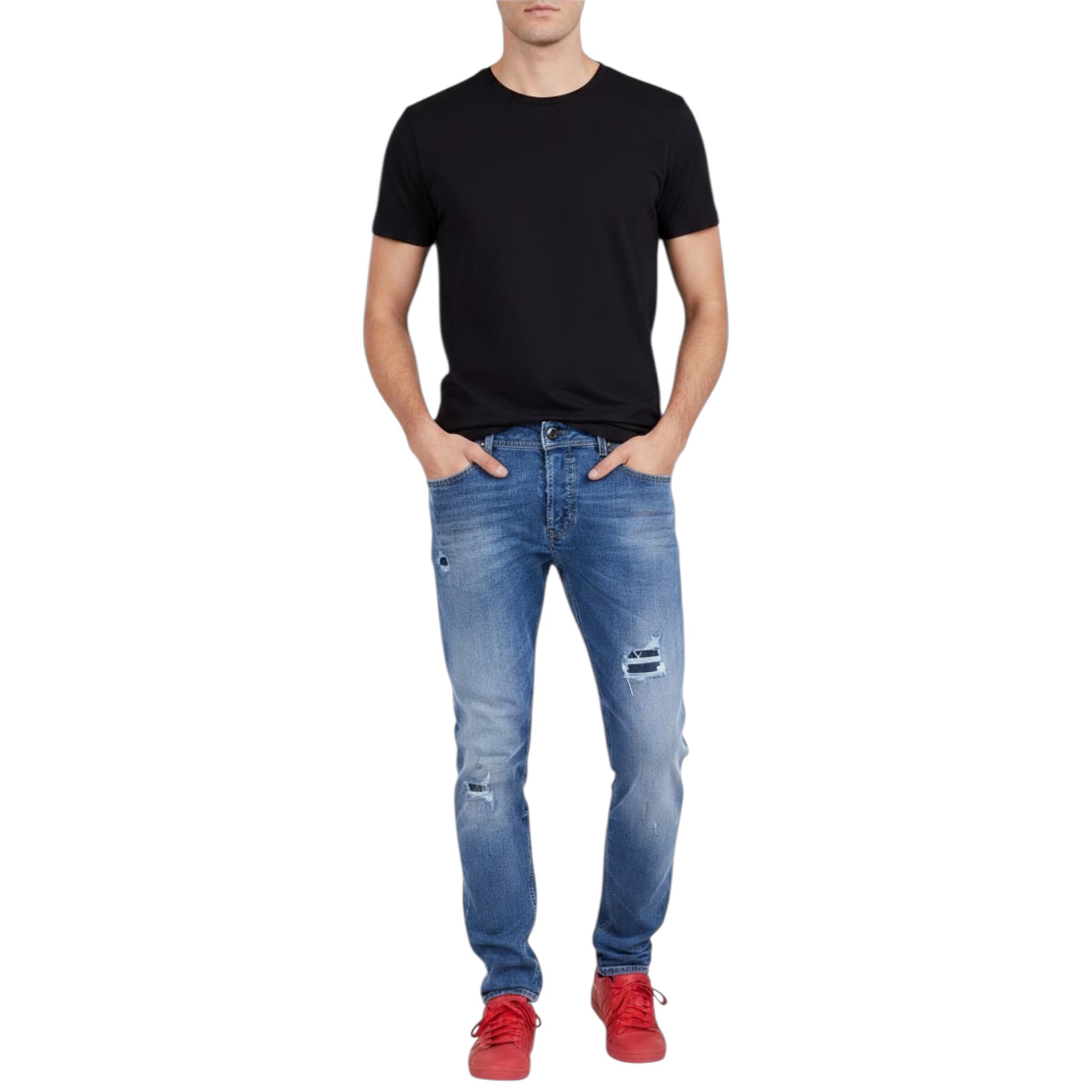 Diesel TOXER R76C9 black skinny jeans front view, distressed detail visible