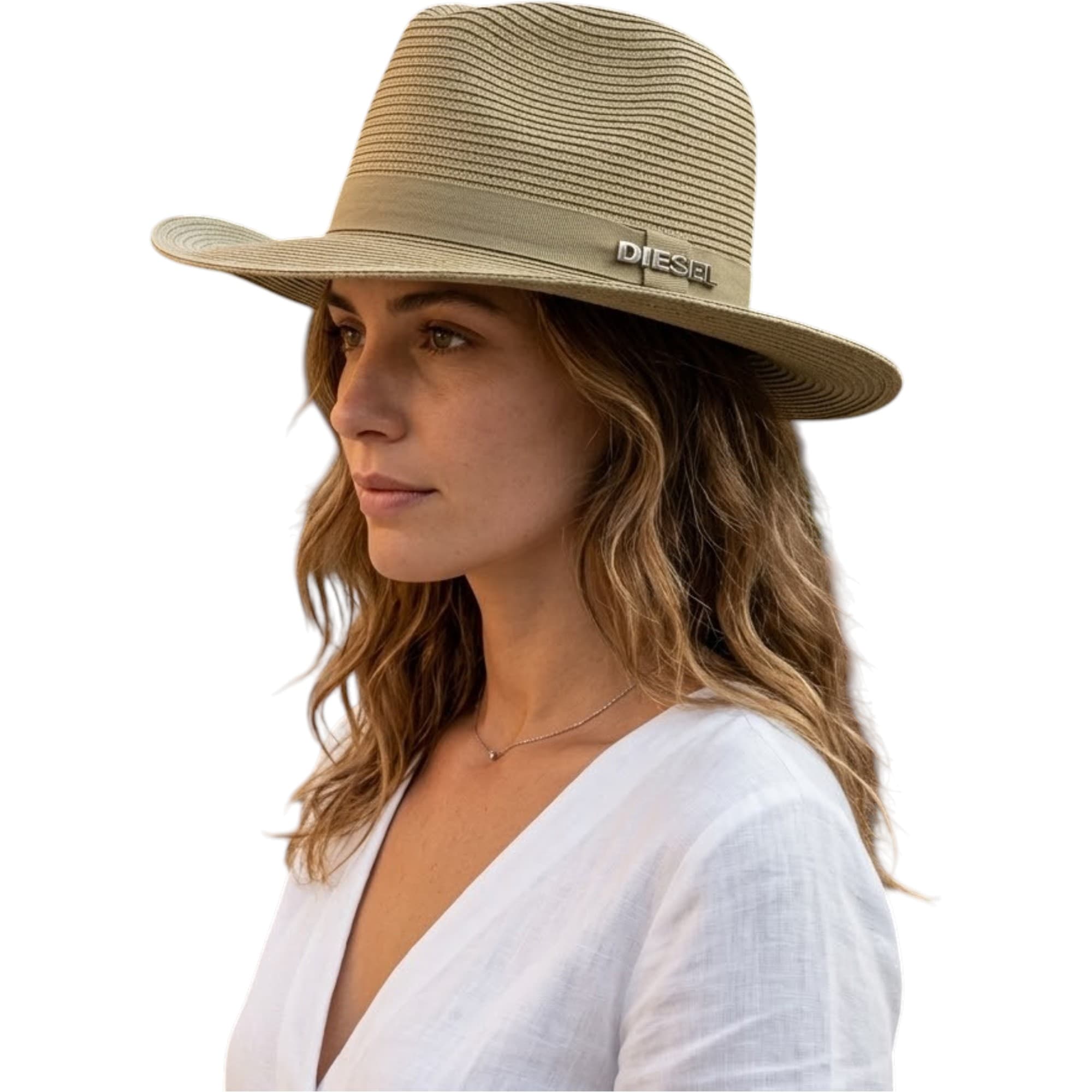 Diesel grey paper fedora hat with wide brim, front view