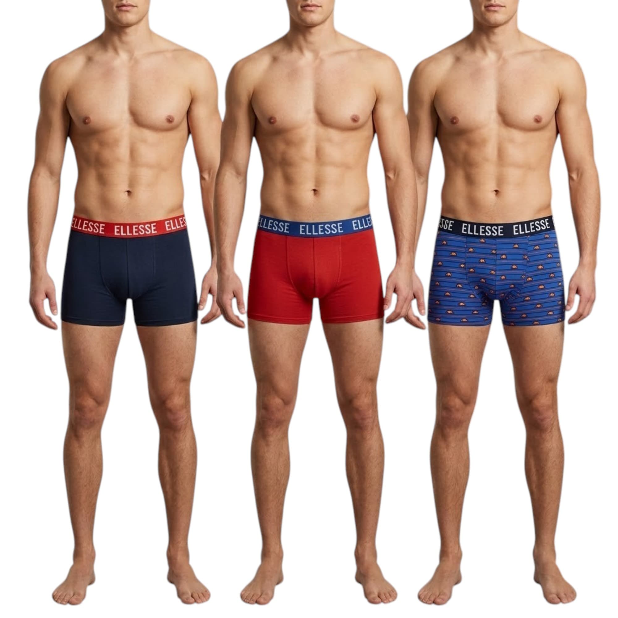 Ellesse men's boxers 3 pack front view showing Red, Navy and Blue colours with branded waistband