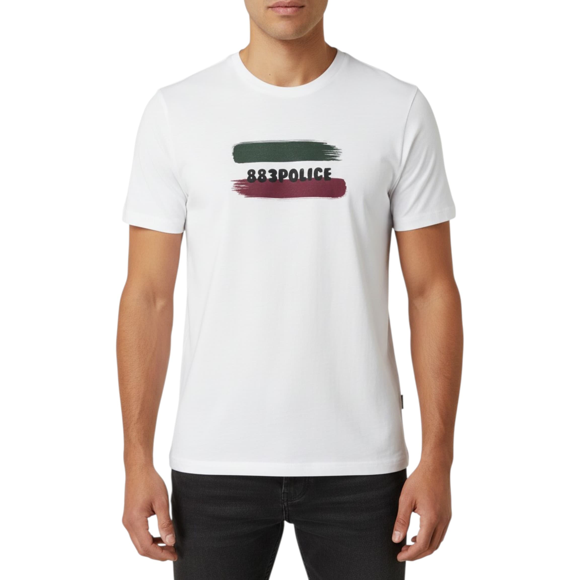 883 POLICE BRIK T white cotton mens t-shirt front view with chest print