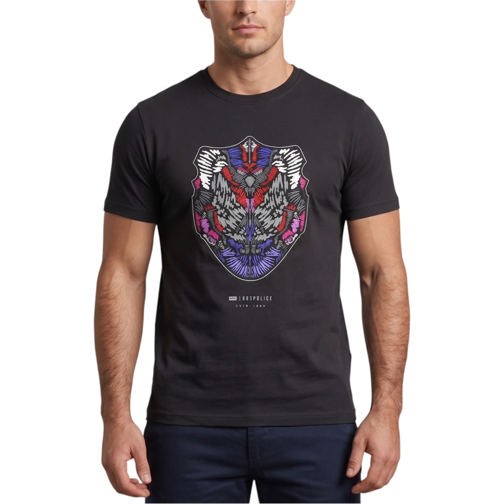 883 Police Crux black crew neck cotton t-shirt front view with chest emblem