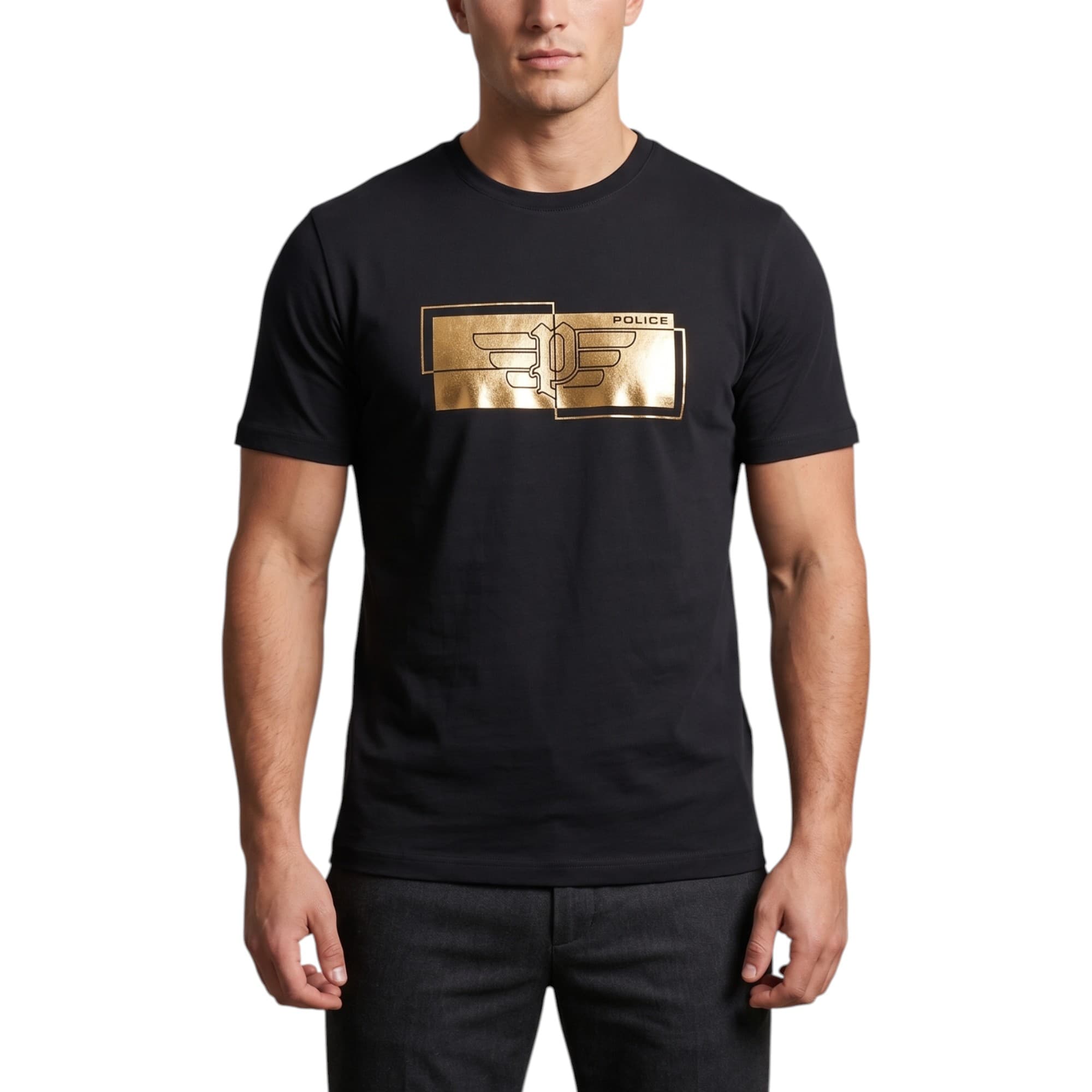 883 Police Parco men's black cotton t-shirt with crew neck and gold foil logo front view
