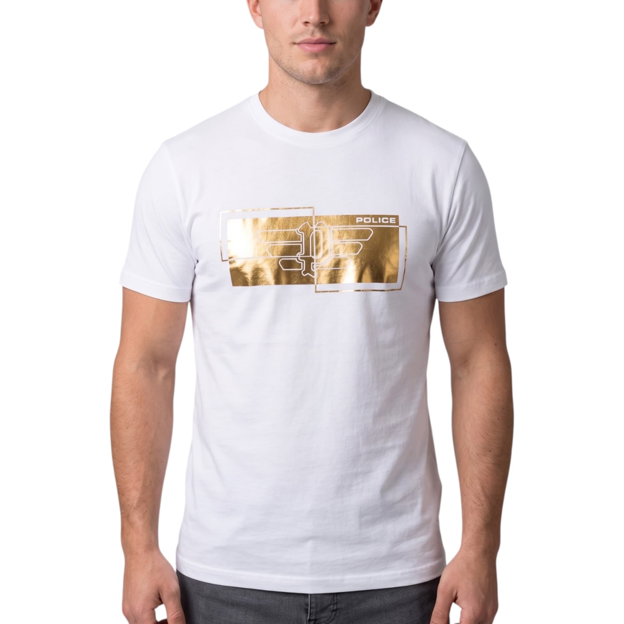 883 Police Parco white crew neck cotton t-shirt with gold foil logo front view