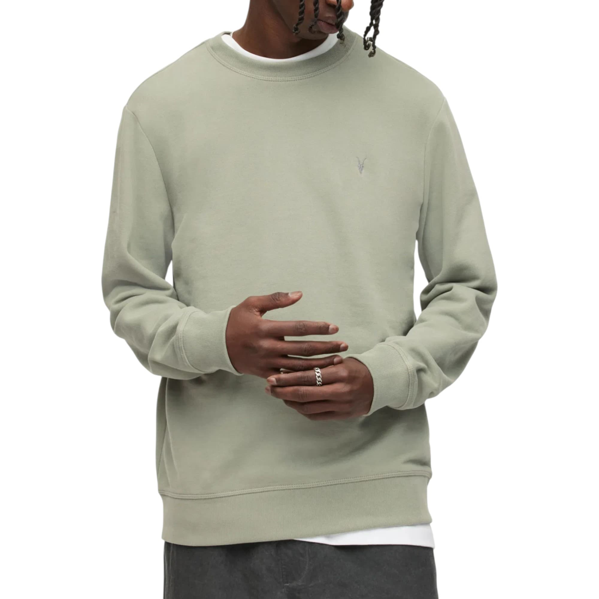 All Saints men's sweatshirt in pastel mint green with Ramskull chest print, front view