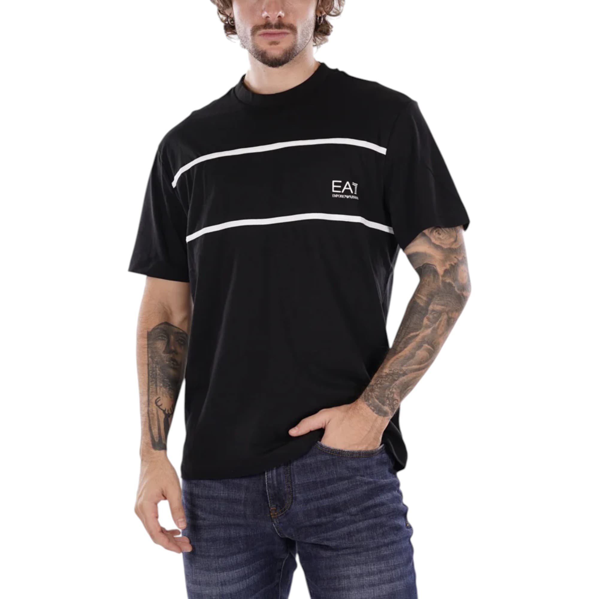Armani EA7 black cotton men's t-shirt front view, slim fit crew neck