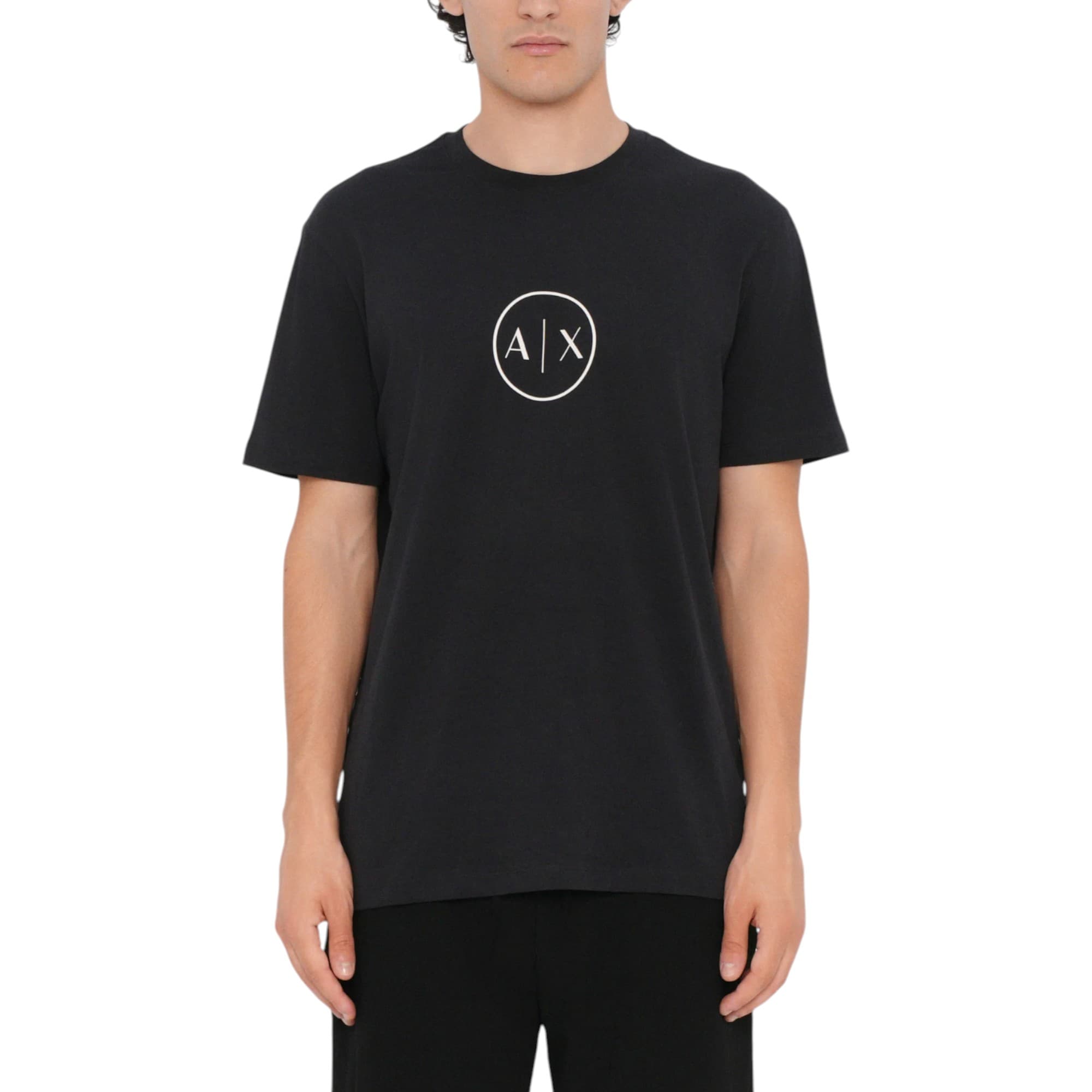 Armani Exchange black men's t-shirt with circled AX logo, front view