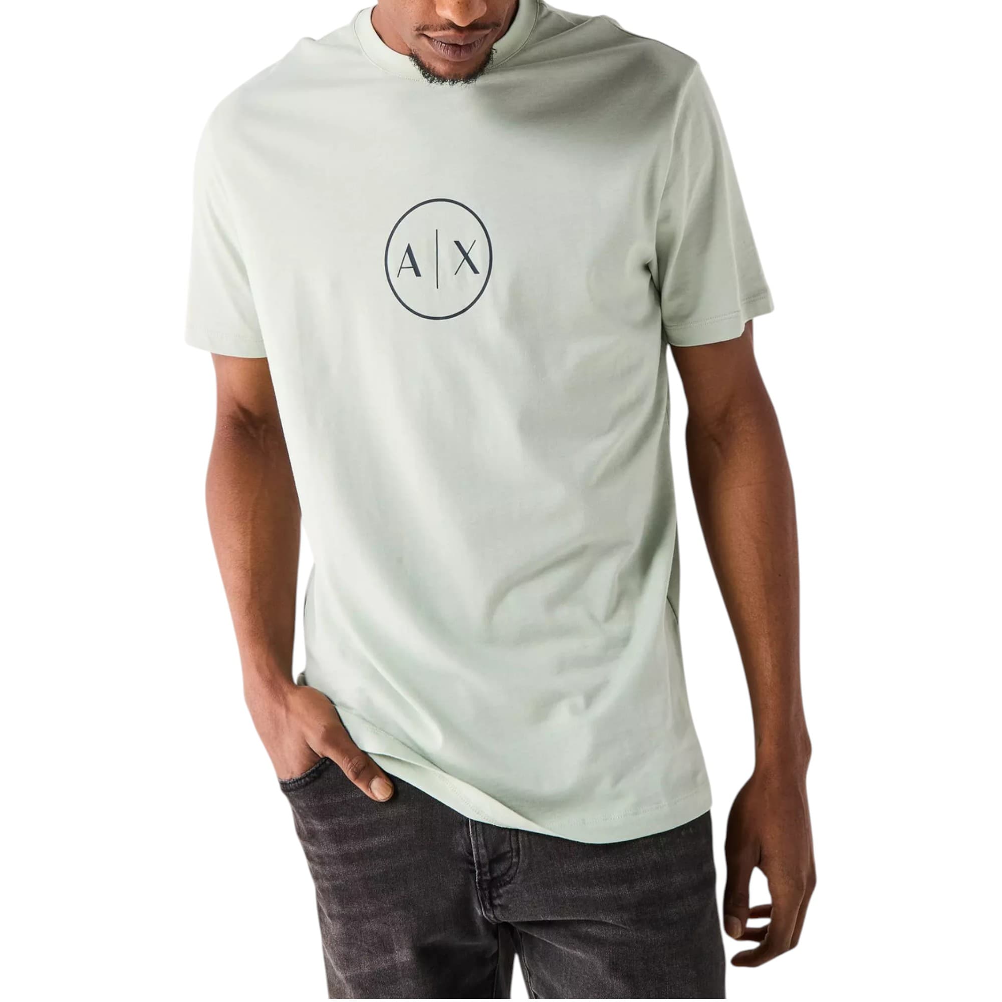 Armani Exchange men's light green cotton t-shirt with circled AX logo, front view