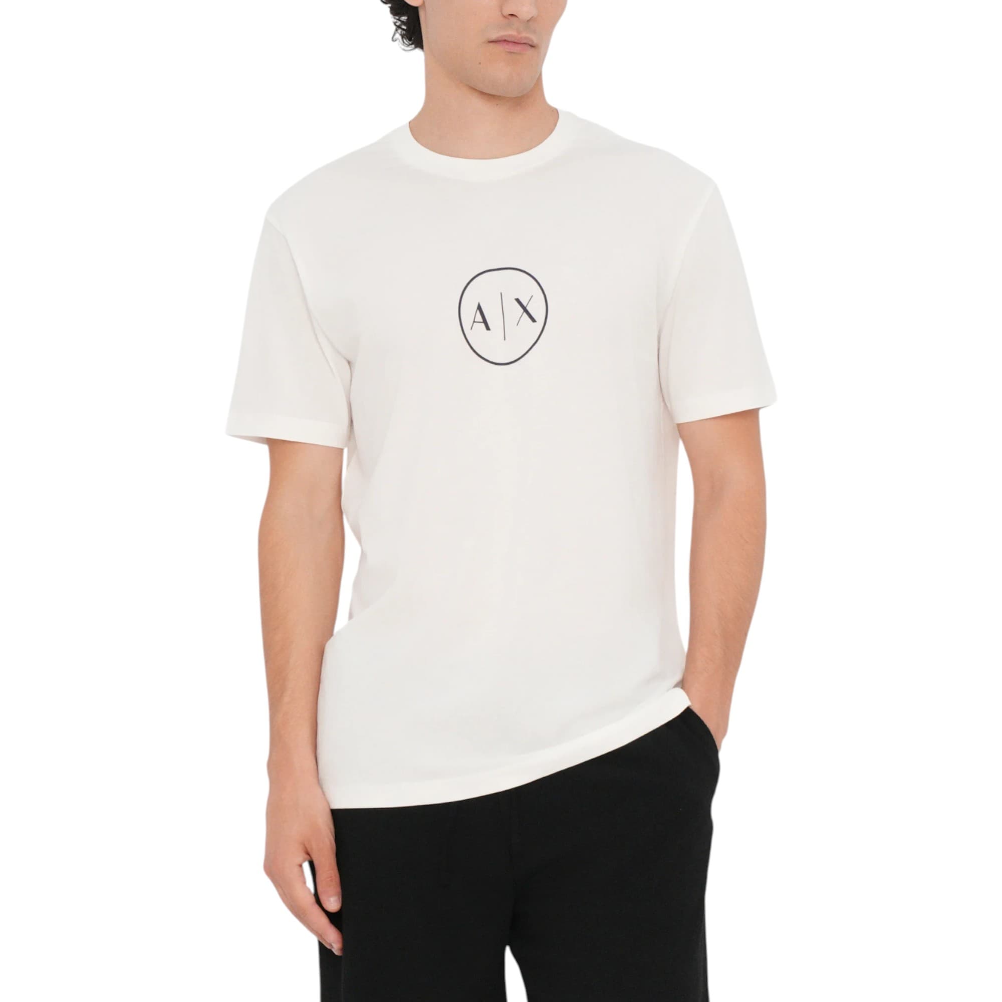 Armani Exchange men's off-white cotton t-shirt with circled AX logo, front view