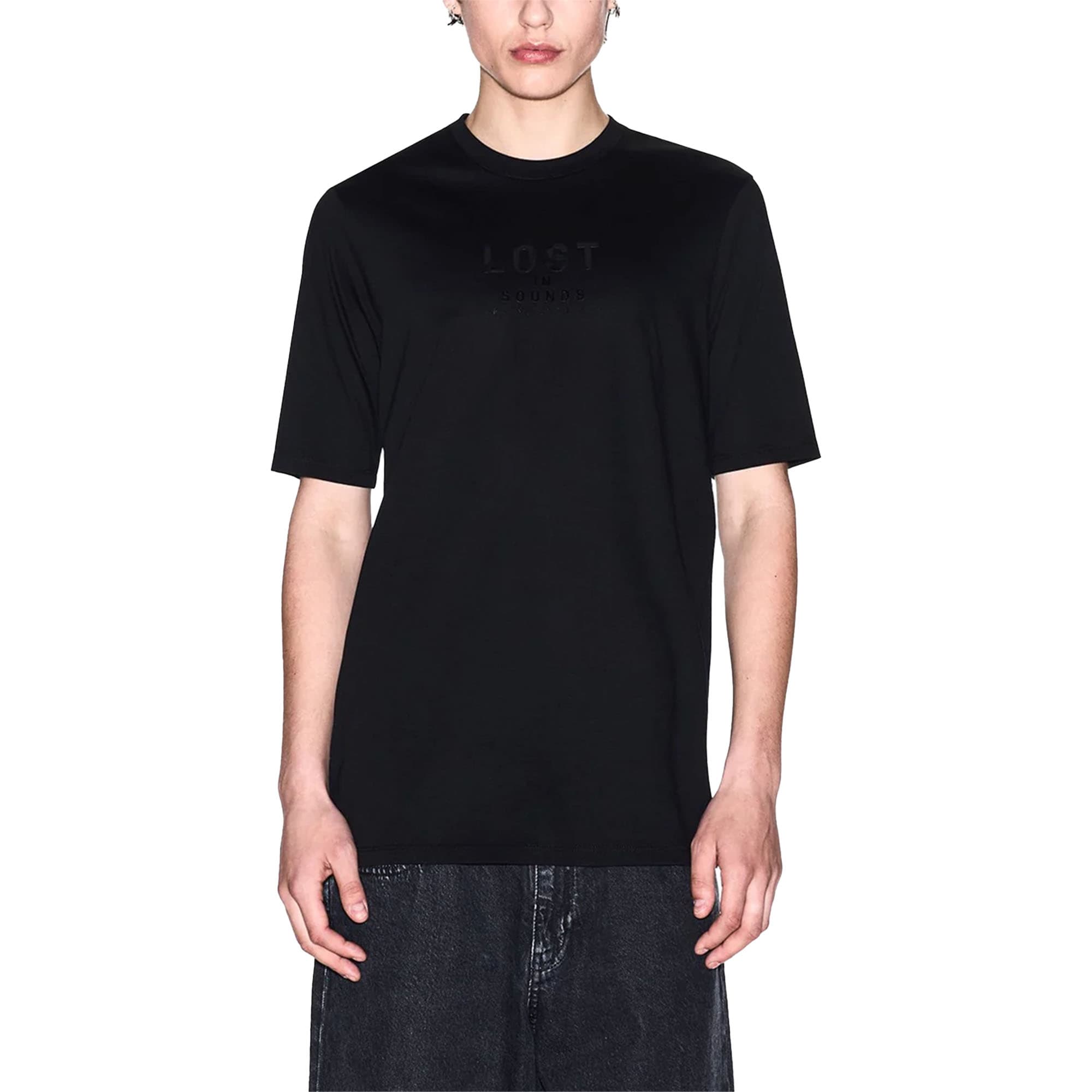 Armani Exchange men's black cotton t-shirt front view with Lost in Sounds chest print