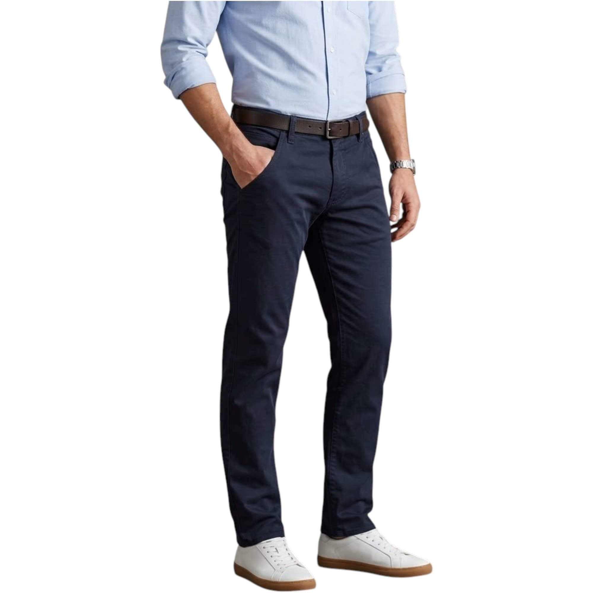 Armani Jeans navy chino trousers front view, slim straight fit with regular waist