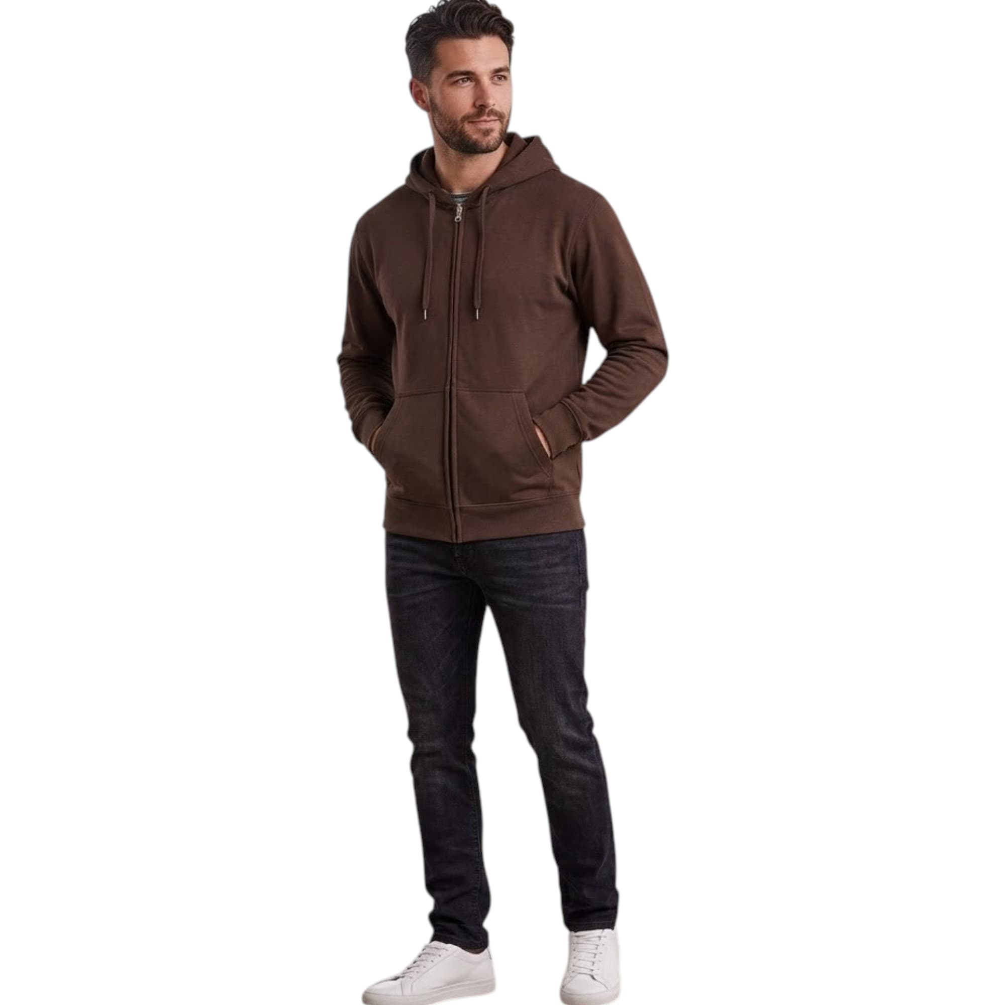 BAKARUDA mens full zip hoody front view in dark brown with adjustable hood