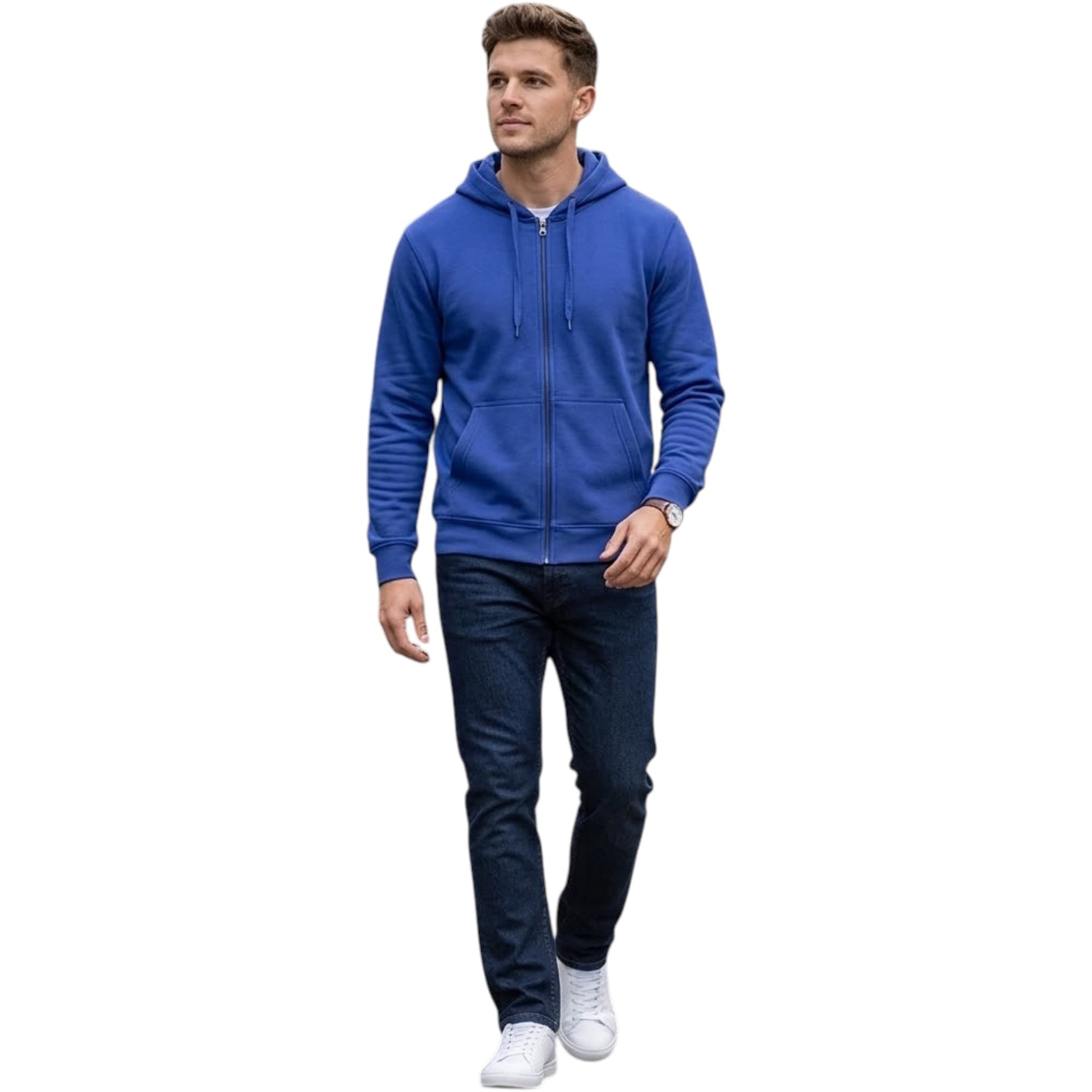 BAKARUDA men's full zip hoody in blue polyester, front view