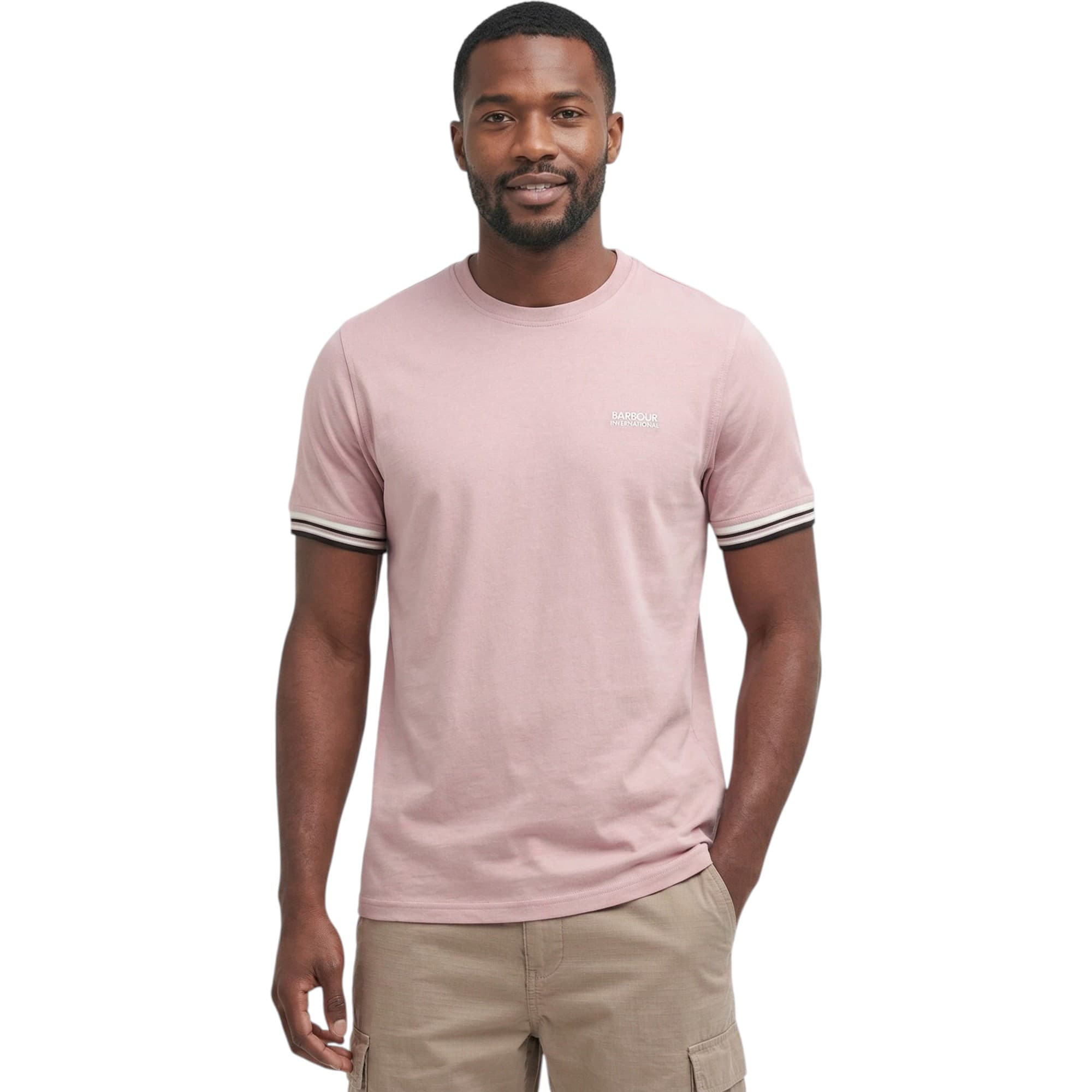 Barbour B.Intl Burnwood pink crew neck t-shirt with left chest embroidery, front view