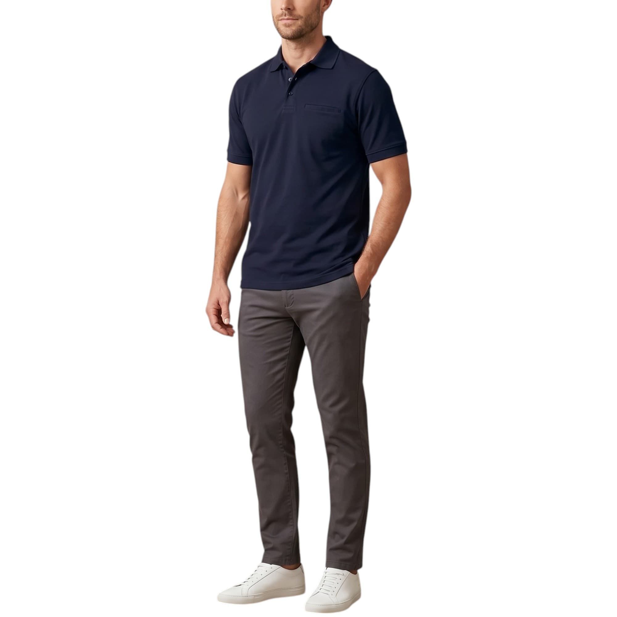 B&C Energy Pro men's navy polo shirt front view with ribbed collar