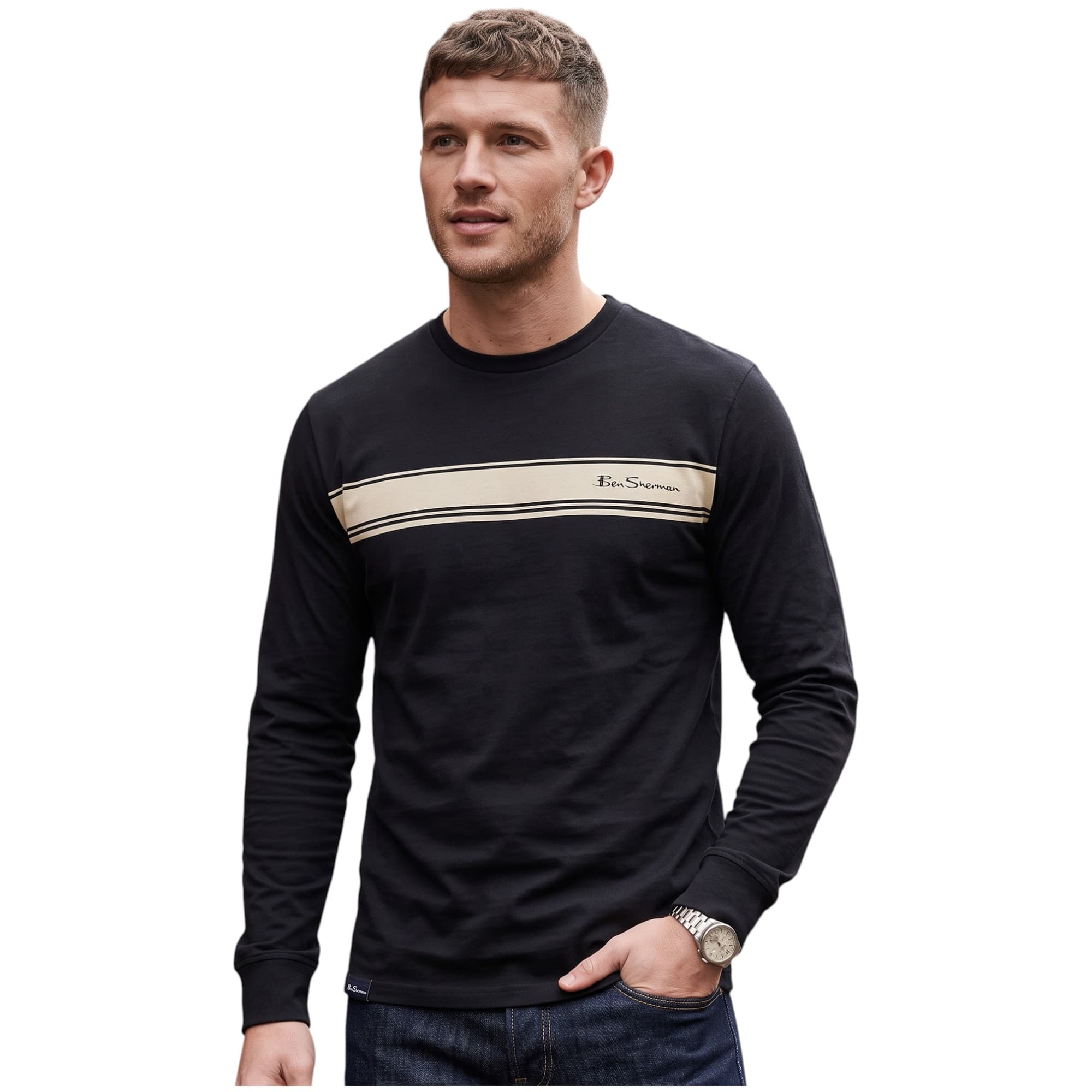 Ben Sherman black long sleeve cotton t-shirt with crew neck, front view
