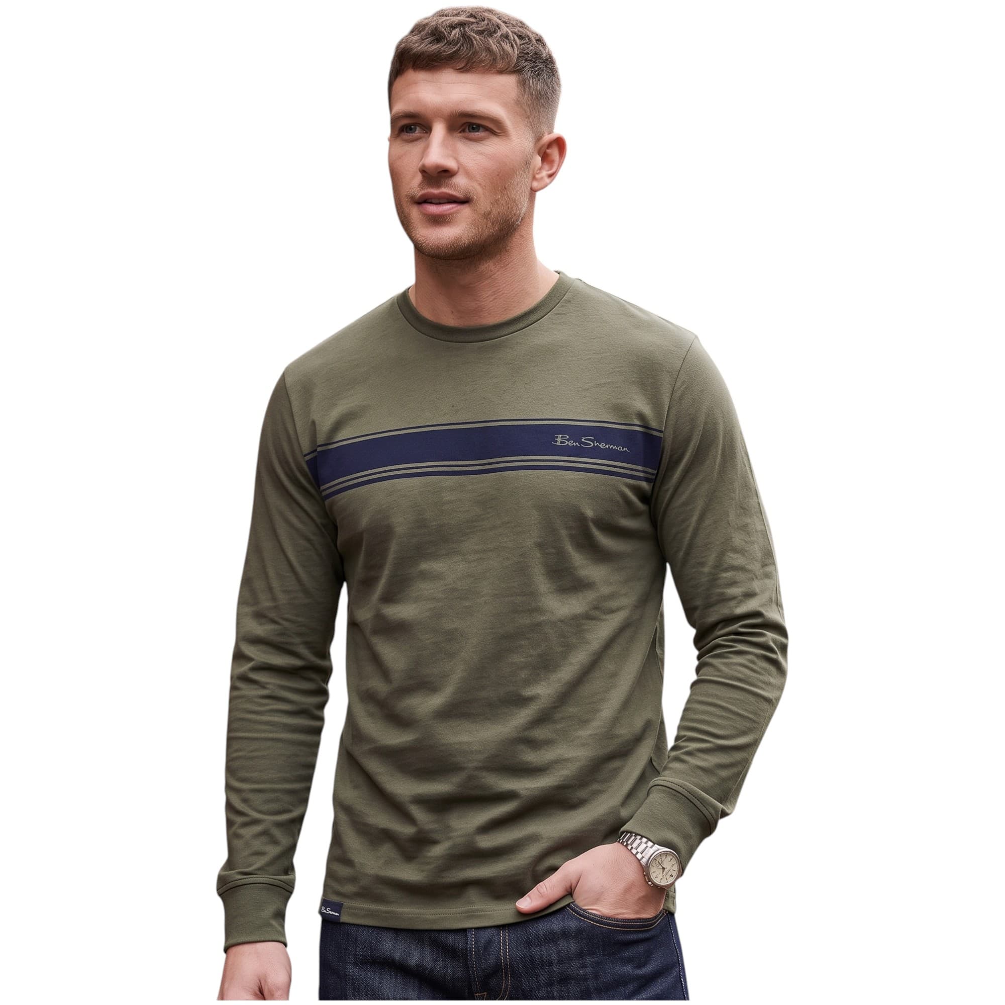 Ben Sherman men's dark green long sleeve t-shirt with crew neck and front branding