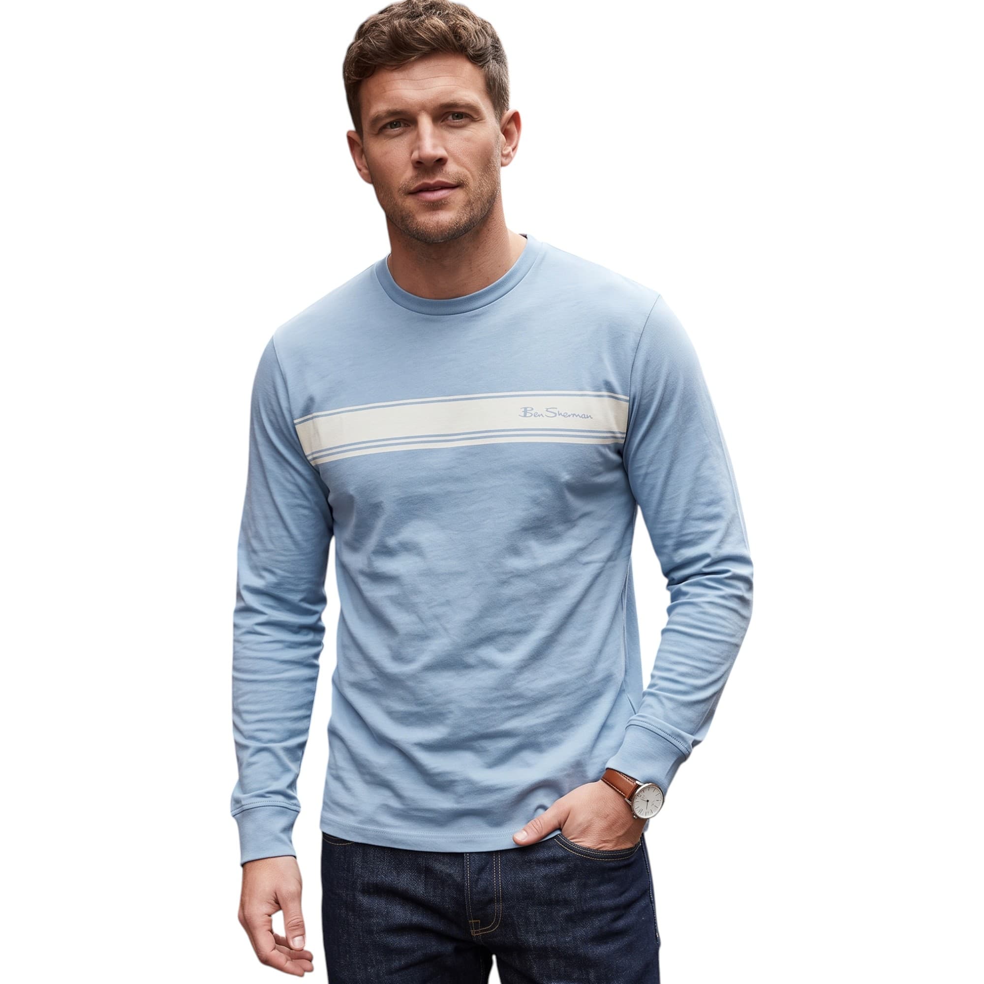 Ben Sherman men's sky blue long sleeve t-shirt front view with crew neck