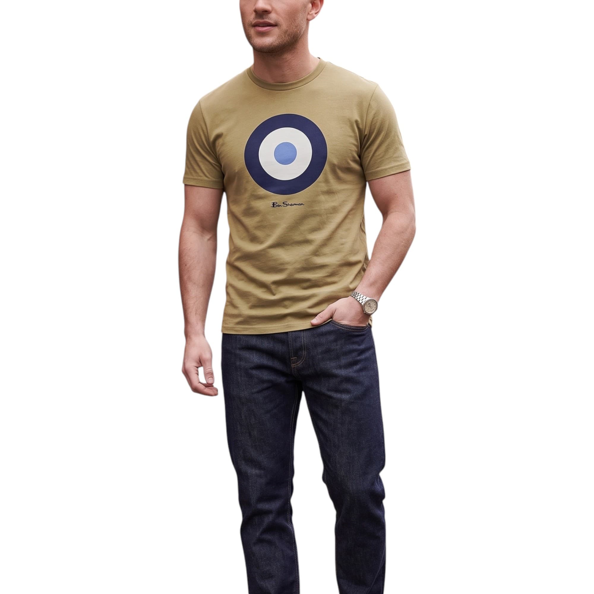 Ben Sherman men's brown cotton t-shirt with Keith Moon mod target print, front view