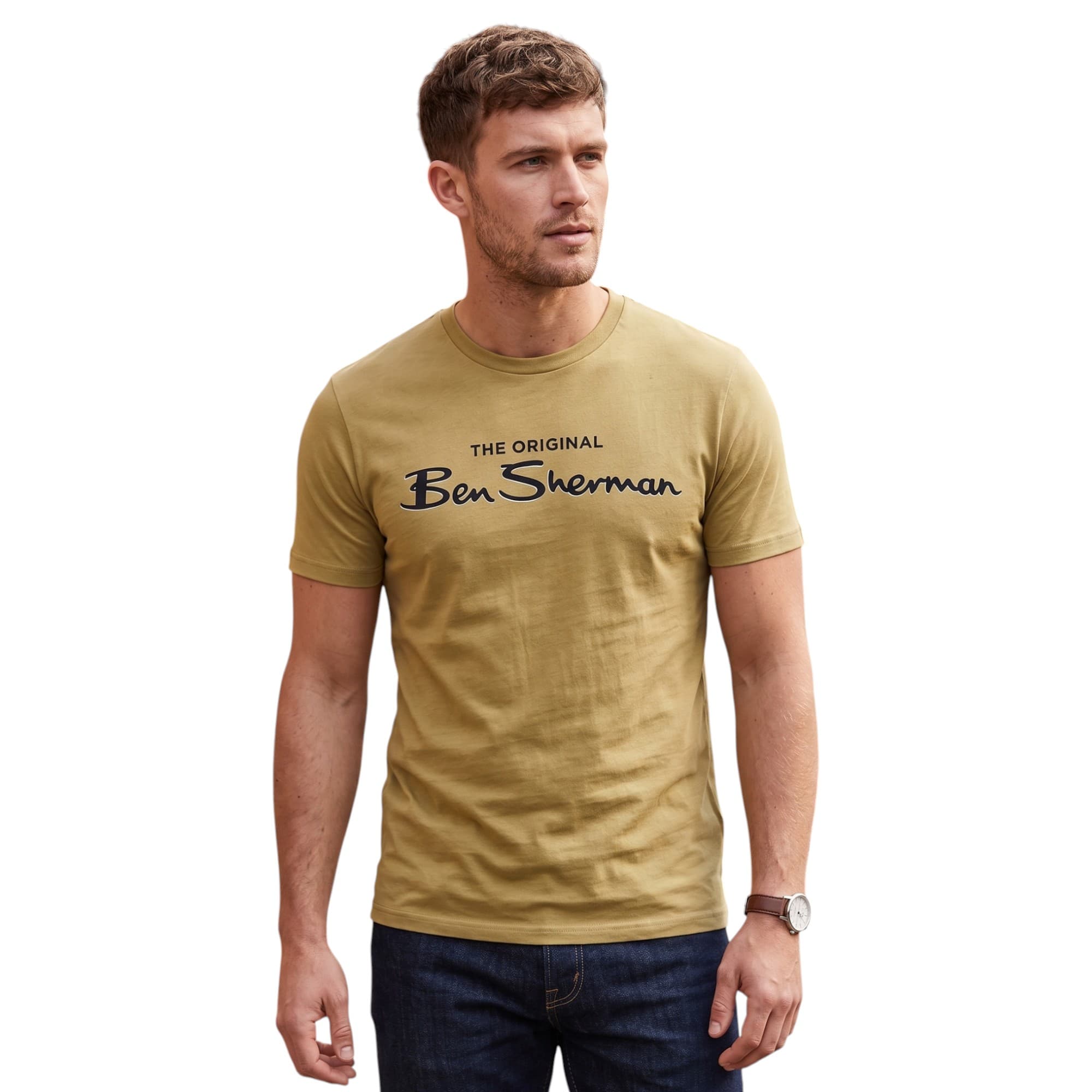 Ben Sherman beige cotton t-shirt with velvet signature branding on front