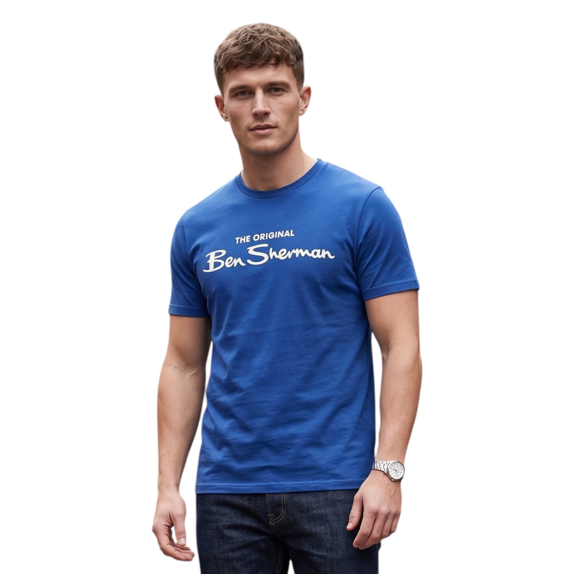 Ben Sherman men's blue cotton t-shirt with velvet signature branding front view