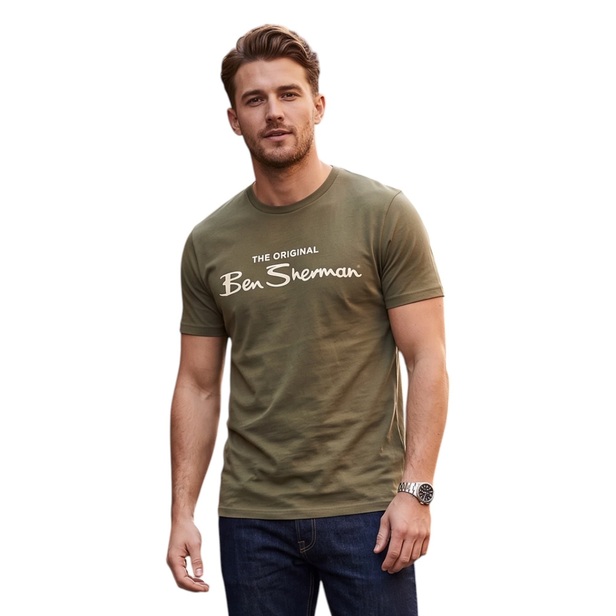 Ben Sherman men's olive cotton t-shirt with velvet signature branding on front