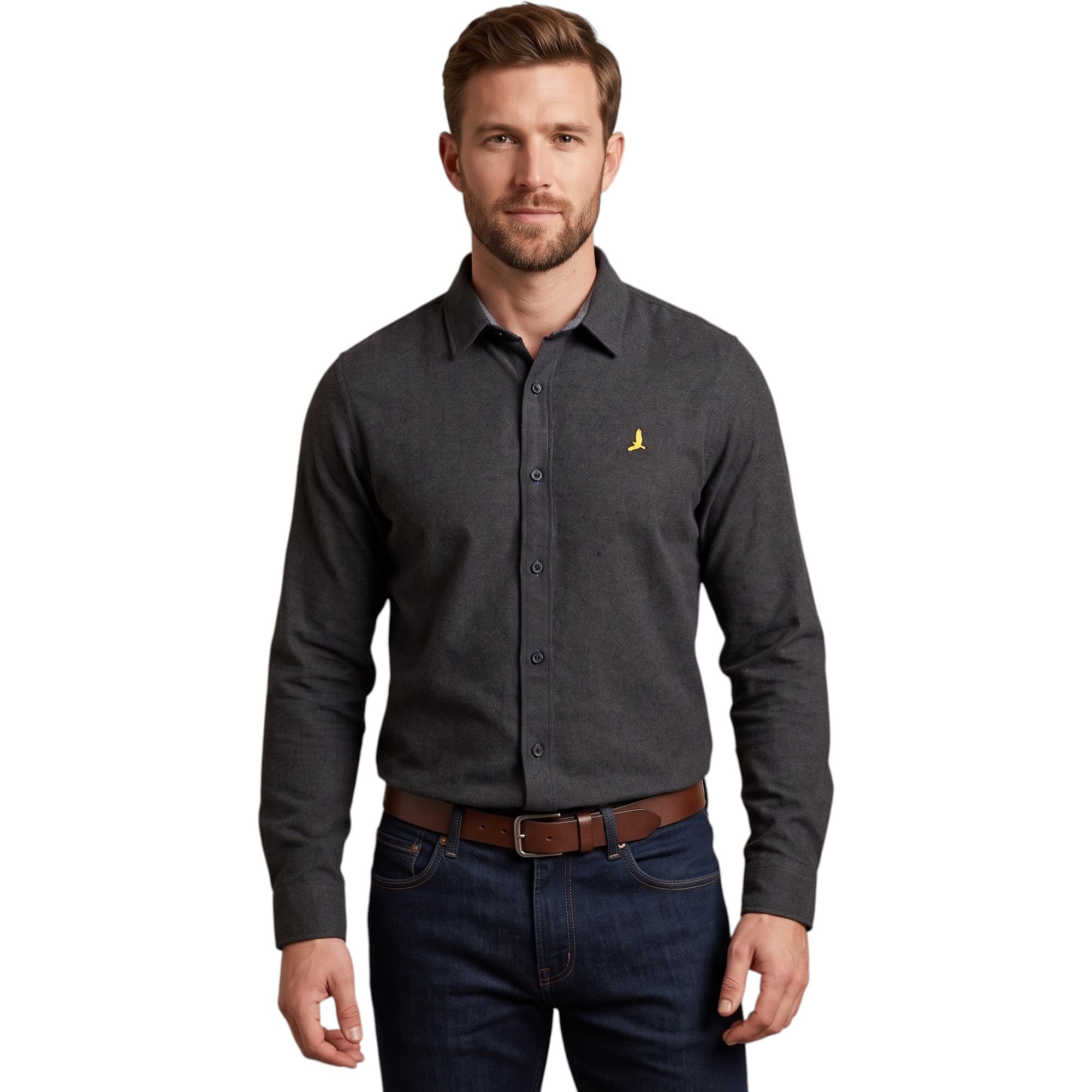 Brave Soul charcoal flannel shirt front view with embroidered chest logo