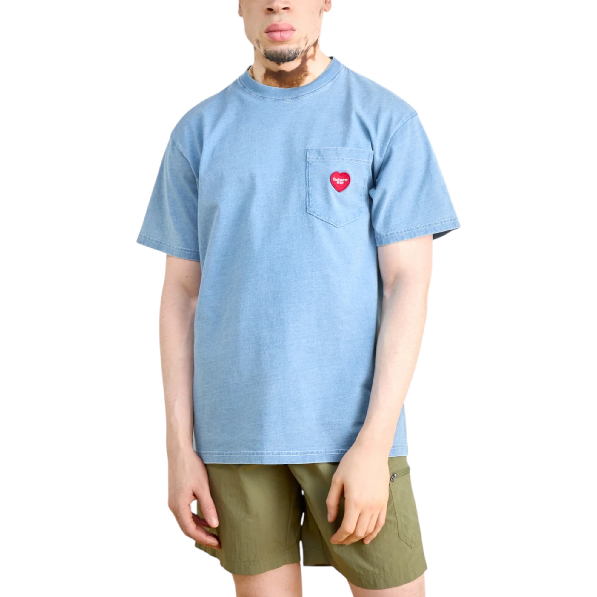 Carhartt Ingo Pocket men's t-shirt in light blue, front view with crewneck and chest pocket