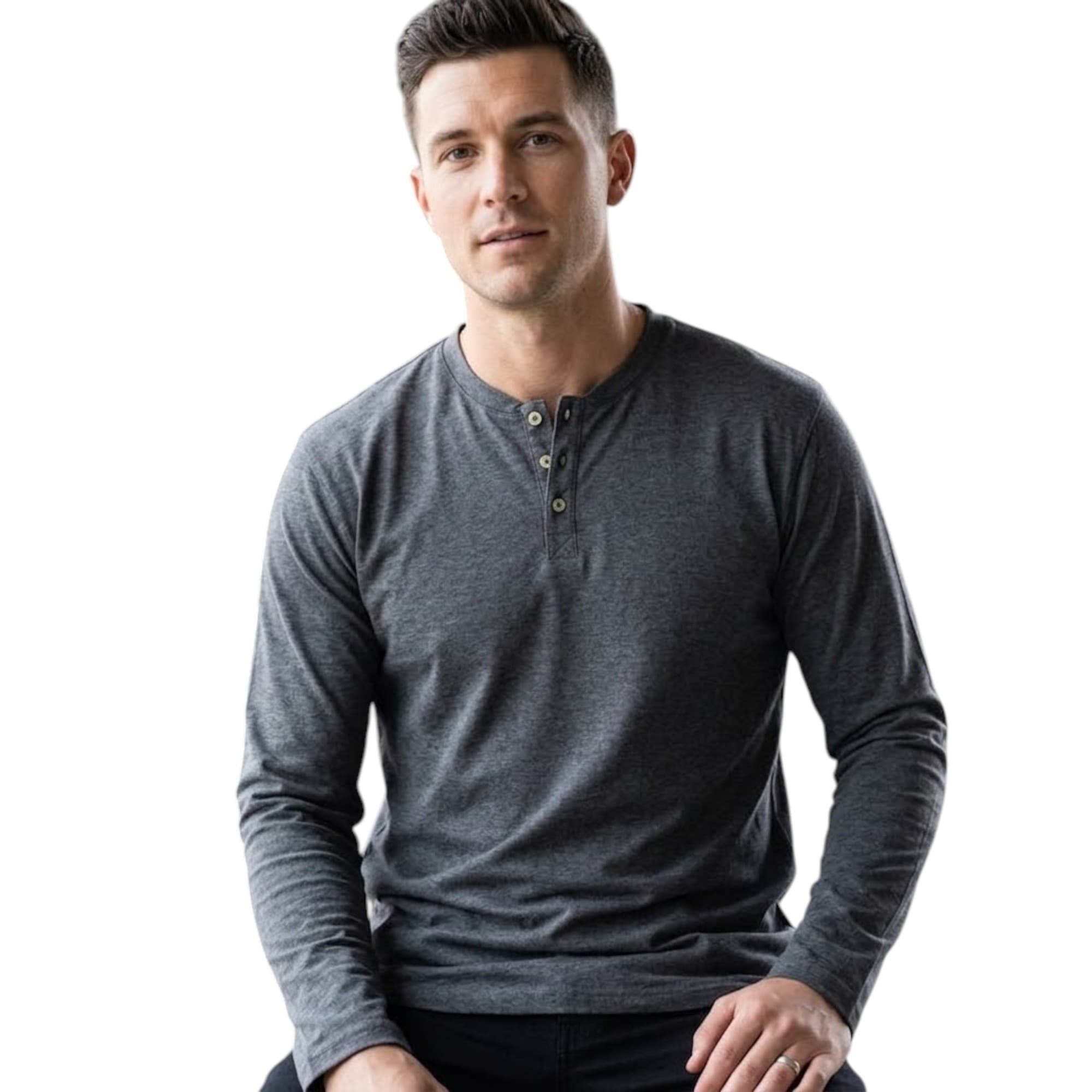Carlos Cordoba charcoal grey mens t-shirt with crew neck and long sleeves, front view
