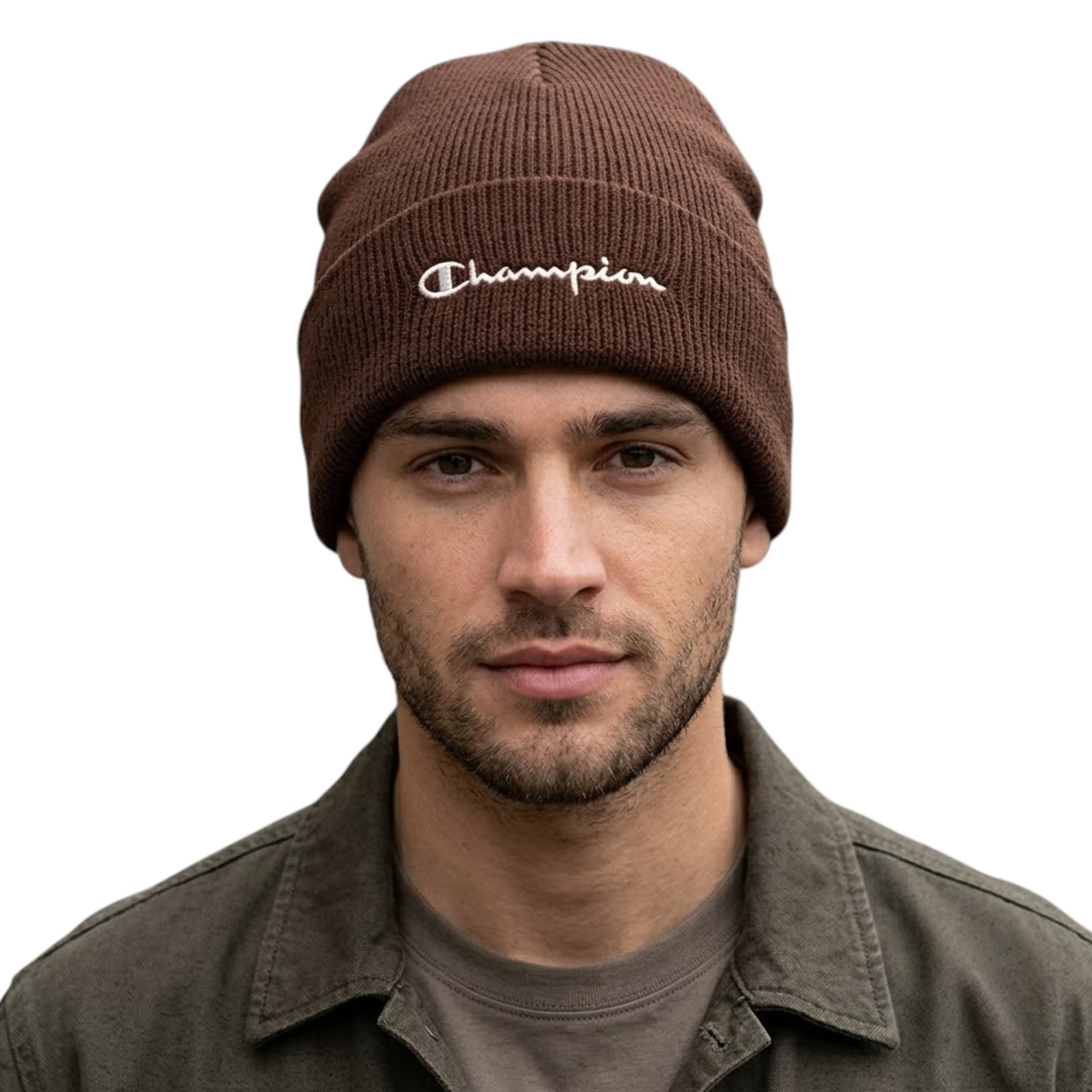 Champion brown beanie hat front view with embroidered logo