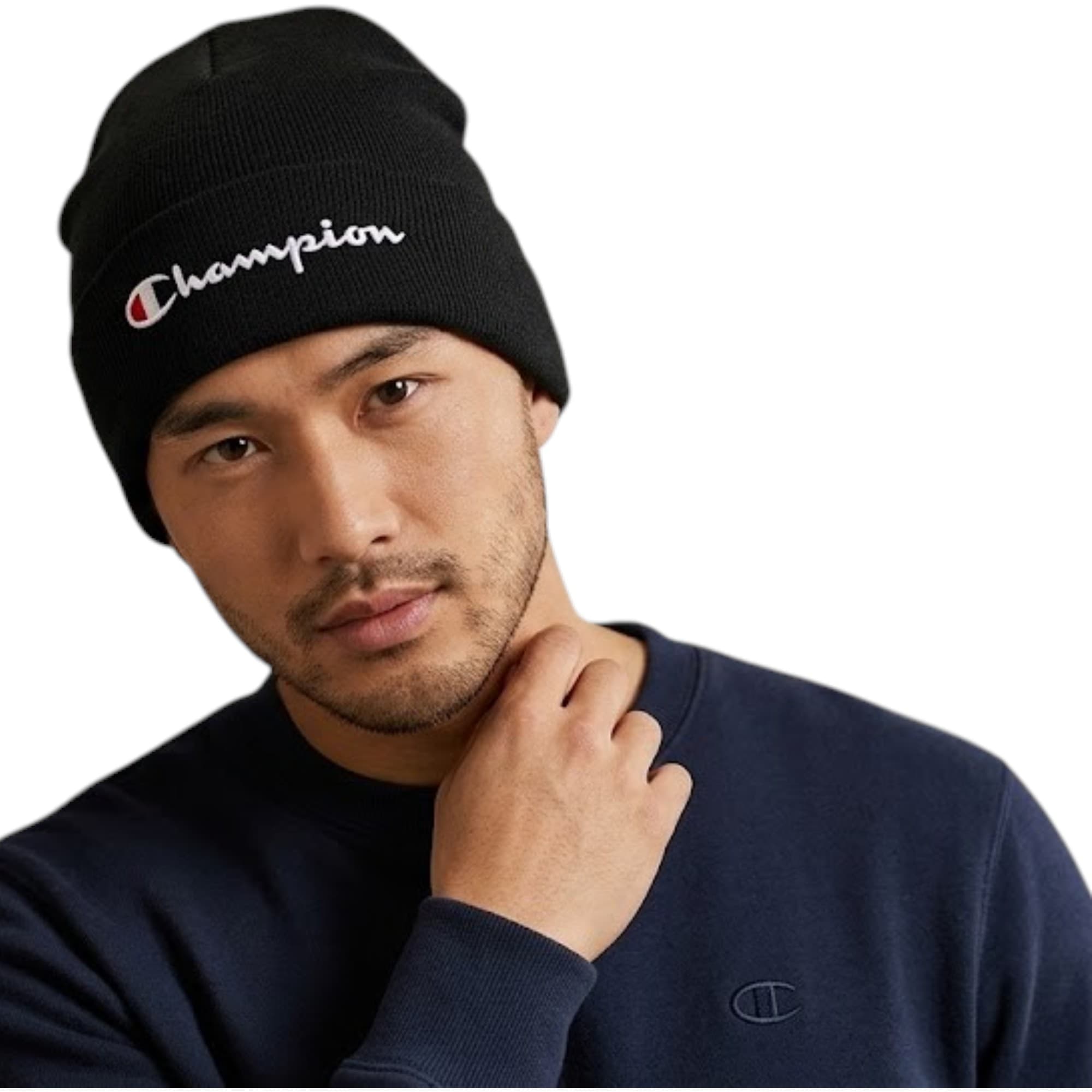 Champion black acrylic beanie hat with embroidered logo, front view