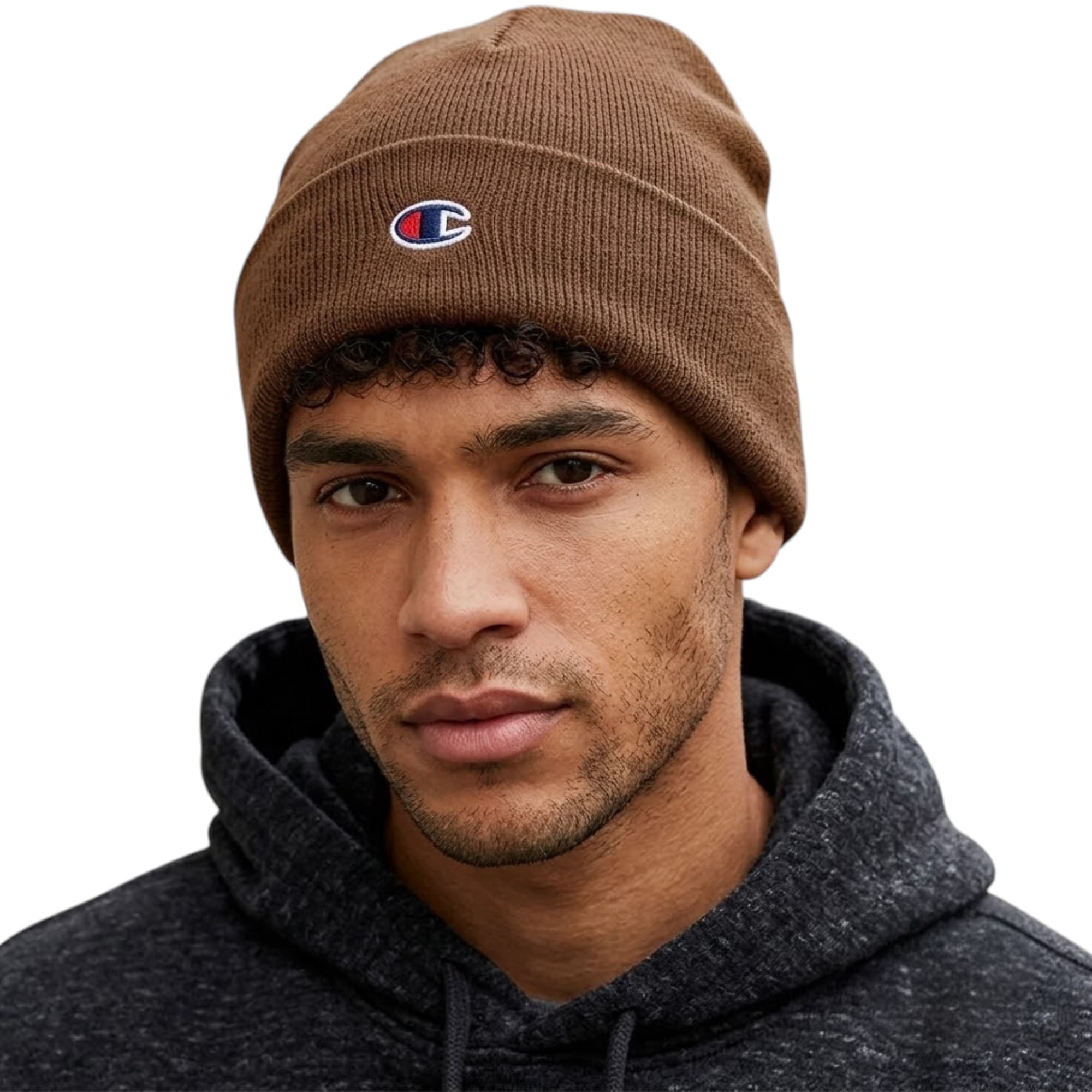 Champion brown acrylic beanie hat with embroidered logo, front view