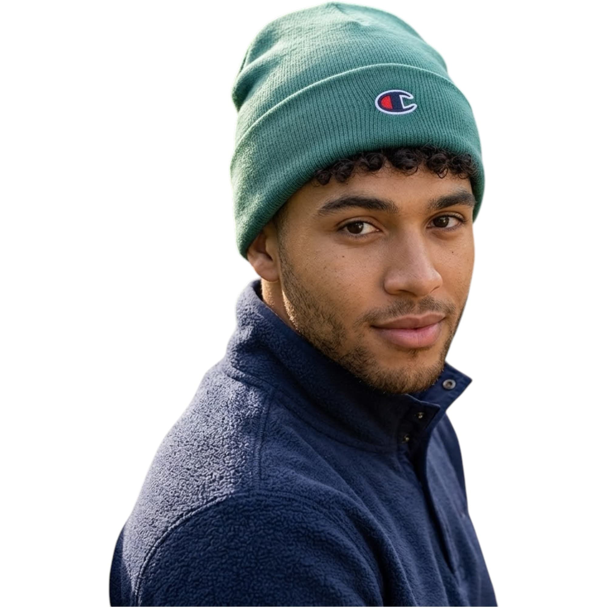Champion 805679 dark green beanie hat with embroidered logo, front view