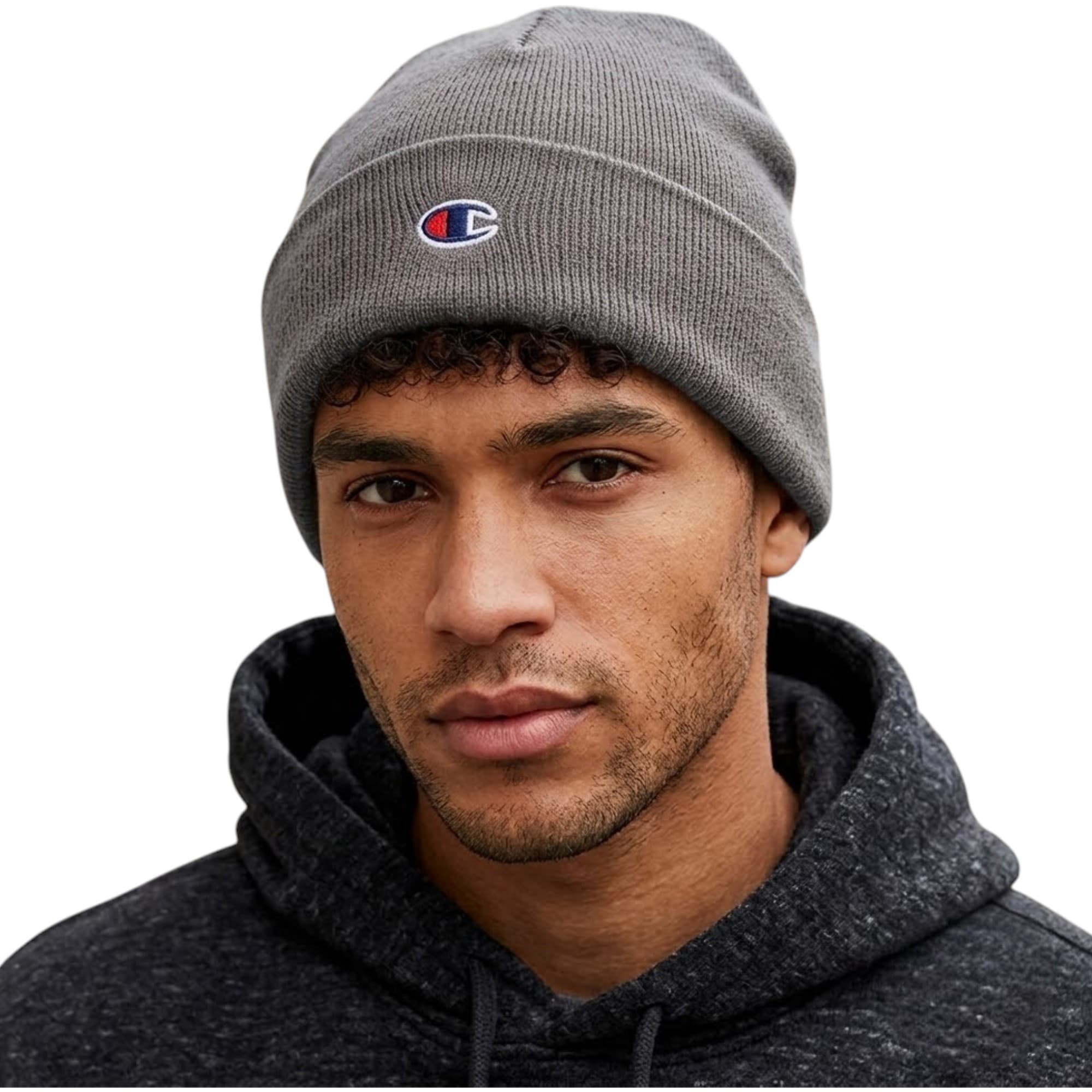 Champion grey acrylic beanie with embroidered logo, front view