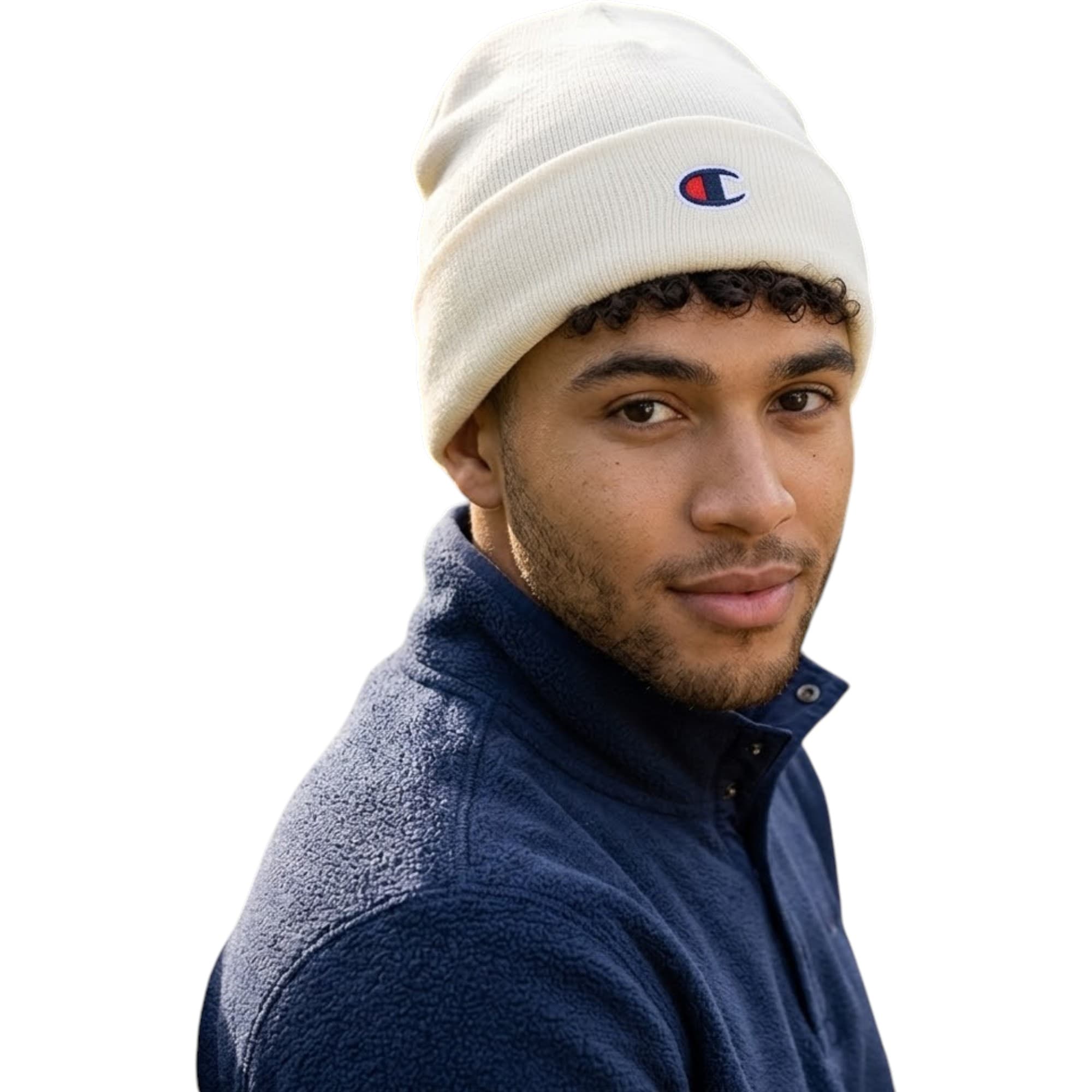 Champion beige acrylic beanie hat with embroidered logo, front view