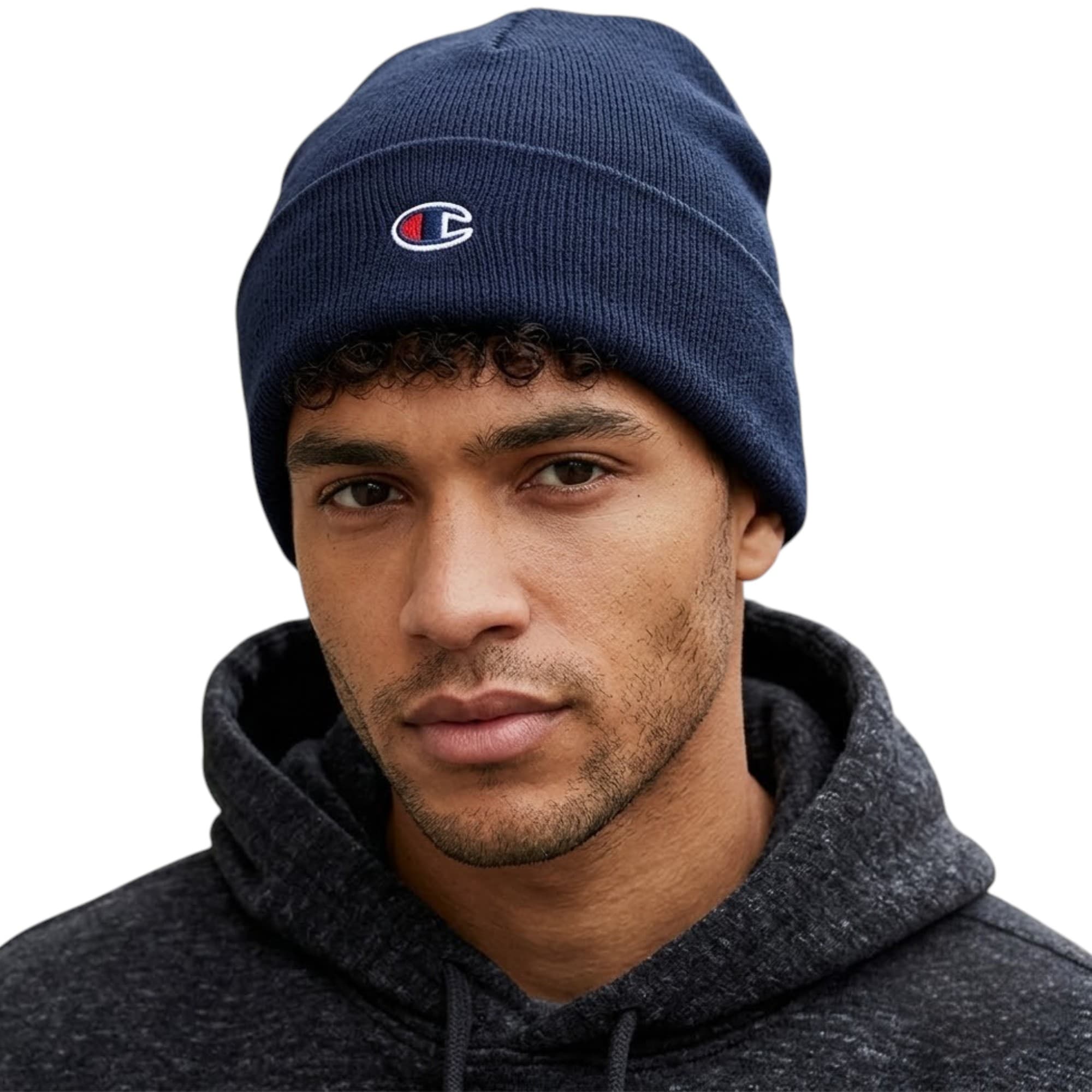 Champion navy beanie hat front view with embroidered logo