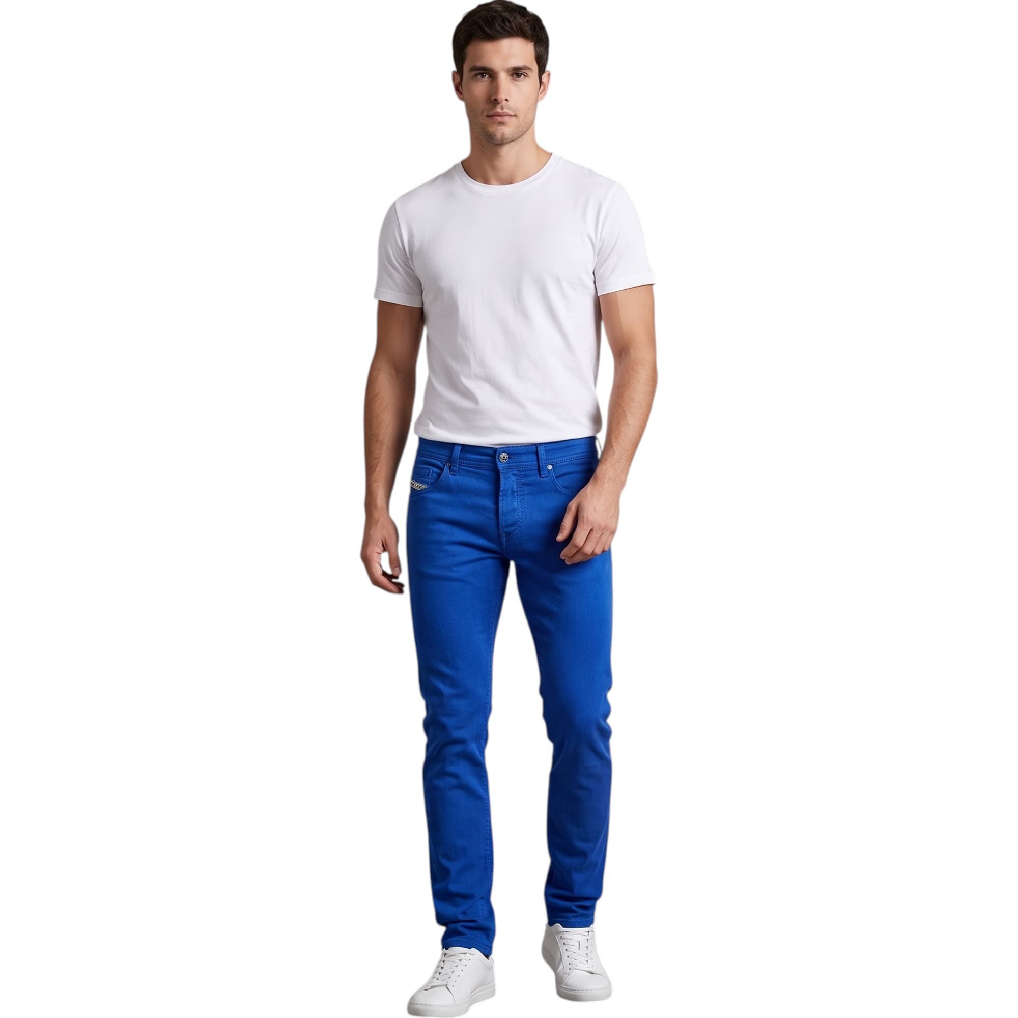 Diesel BELTHER mens blue jeans front view, regular slim carrot fit