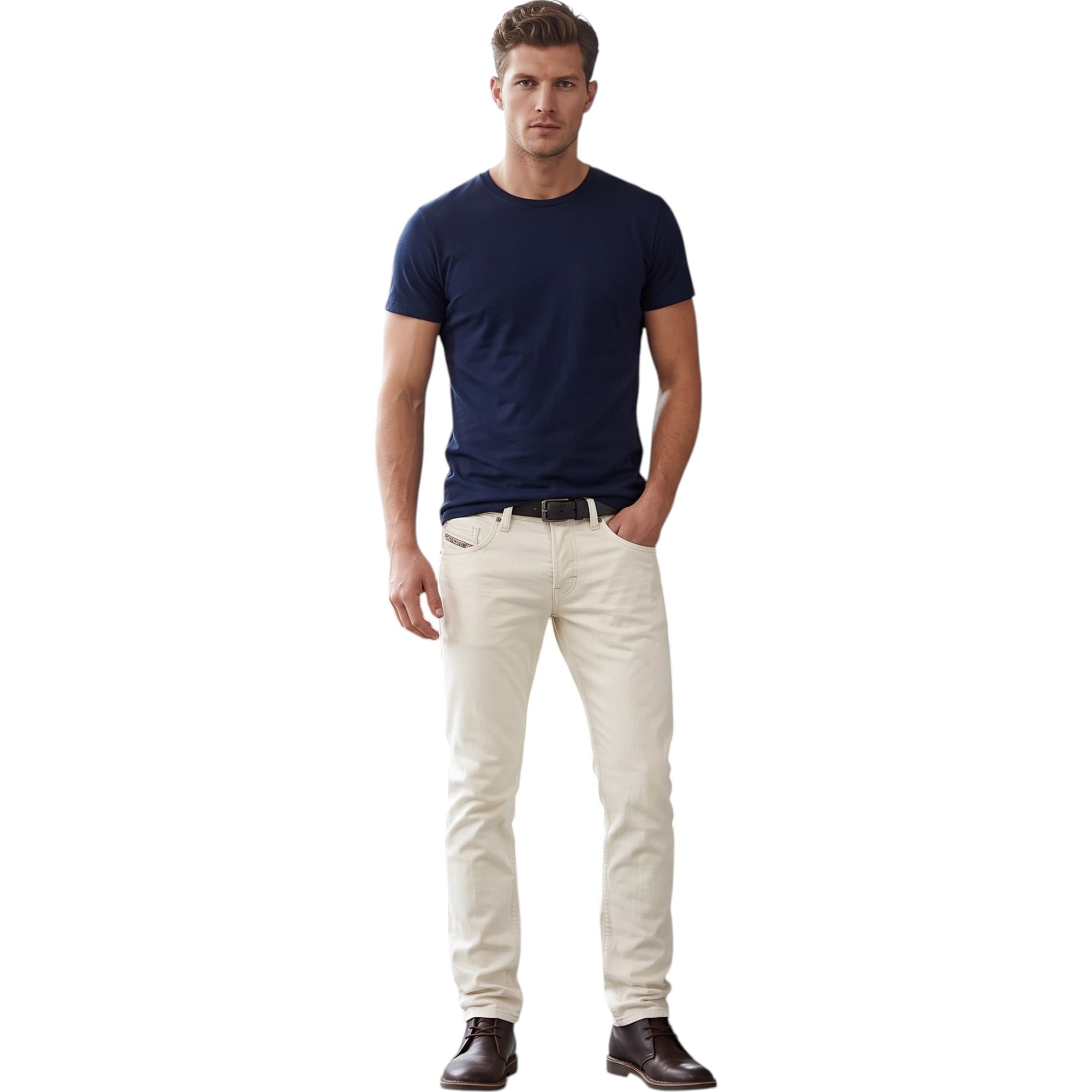 Diesel BELTHER mens jeans in off-white regular slim carrot fit, front view