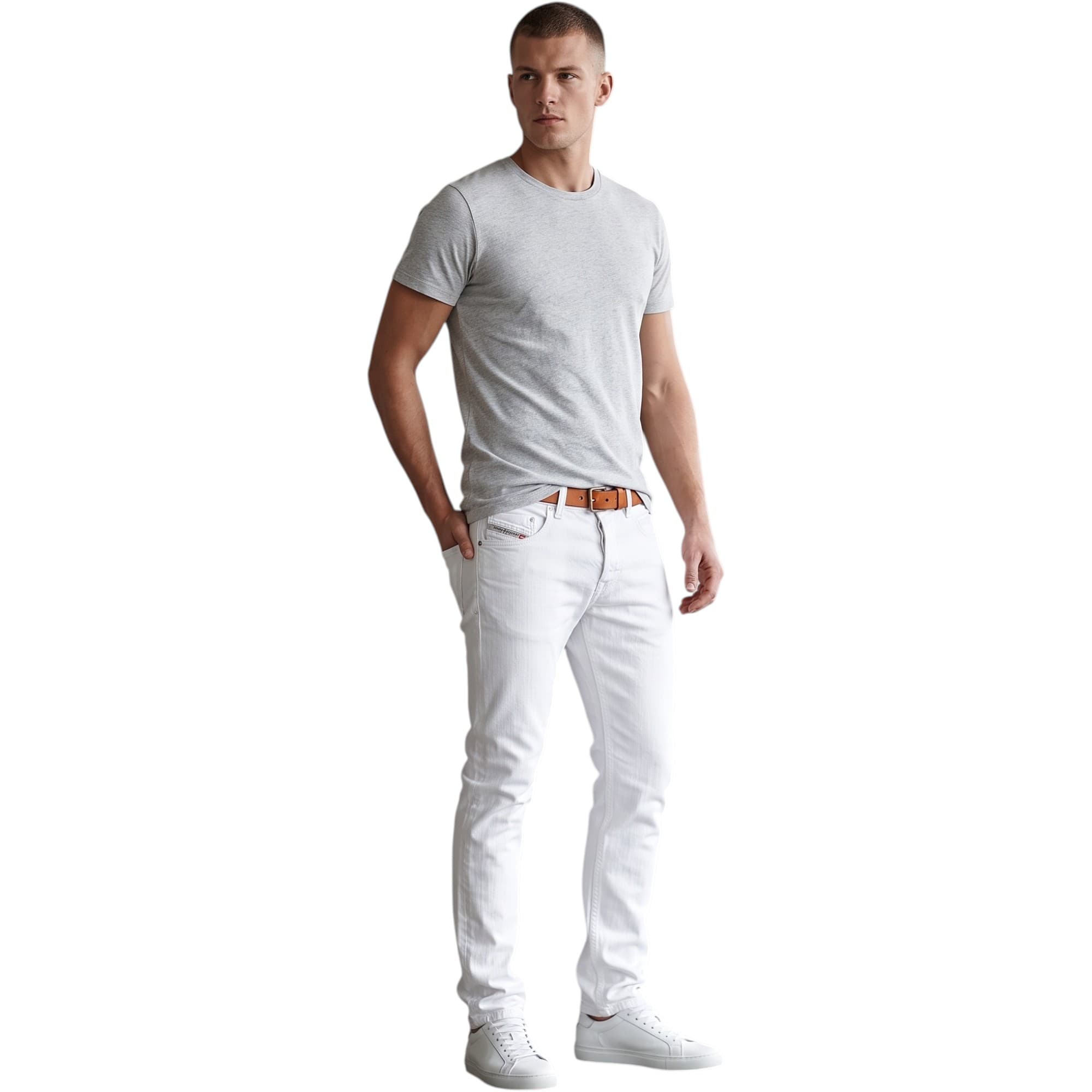 Diesel BELTHER mens white jeans front view regular slim carrot fit