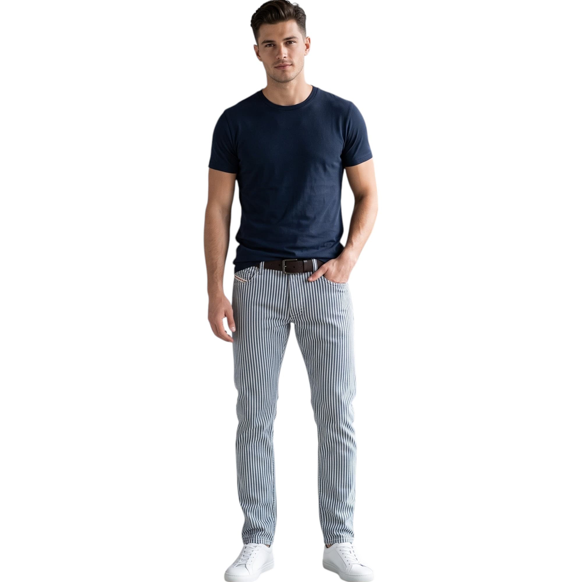 Diesel Krooley mens jeans in black and white stripe, front view