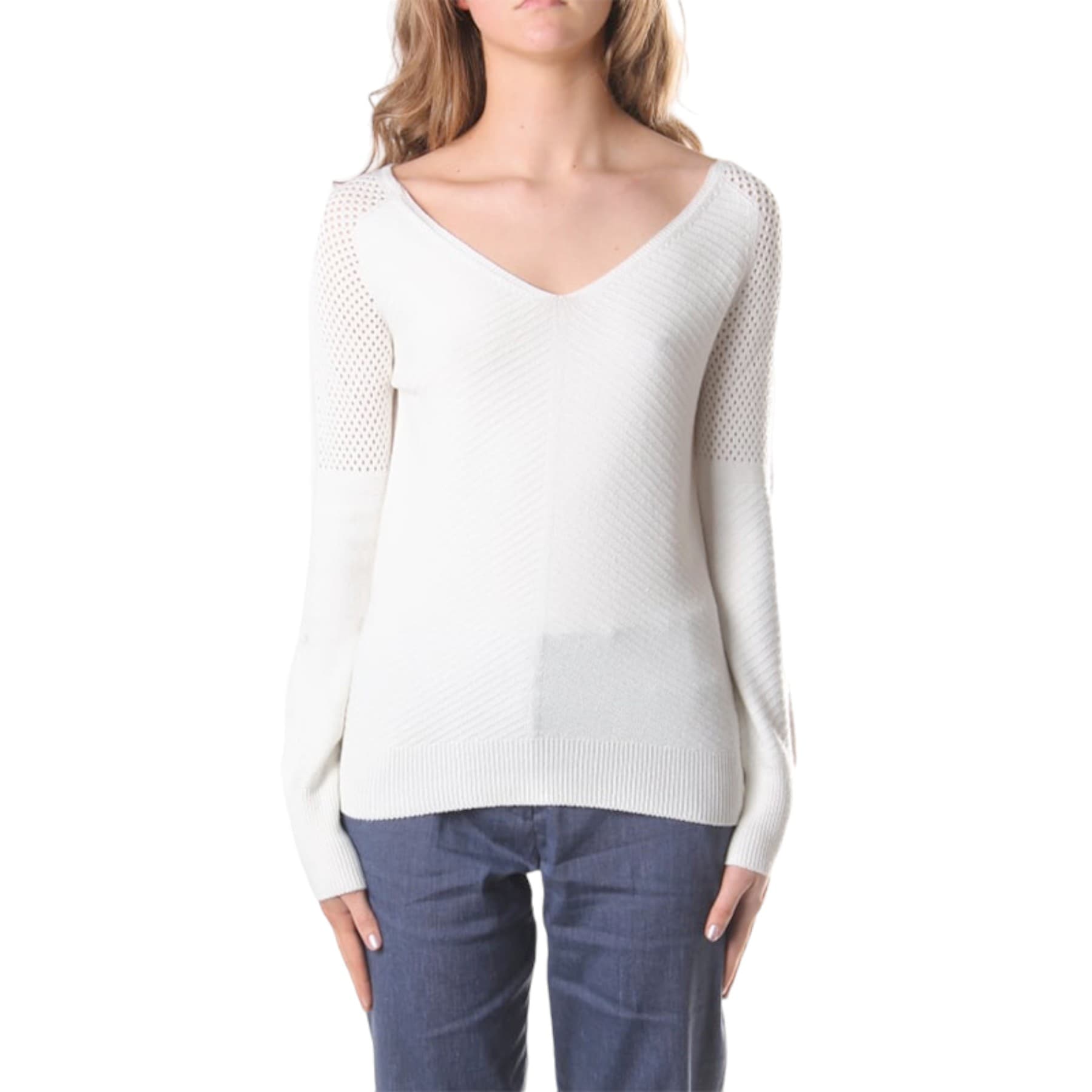 Diesel M-DADEY women's off-white long-sleeve jumper with V-neck, front view