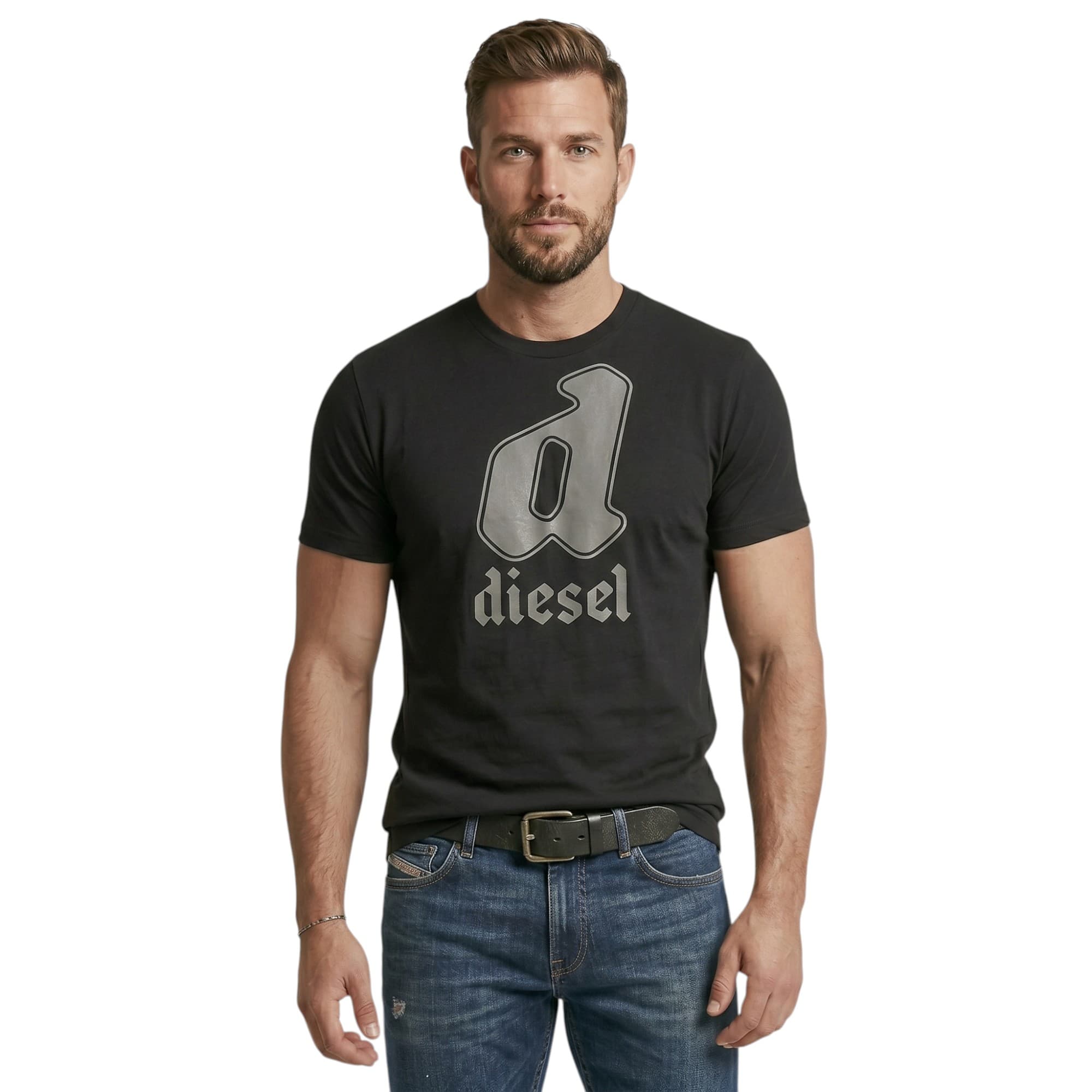 Diesel T-Diegor-K59 mens black cotton t-shirt with oval logo, front view