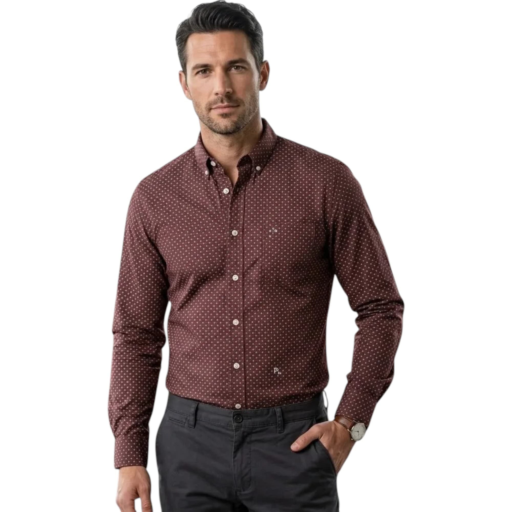 Diesel maroon mens slim fit cotton shirt with printed pattern, front view