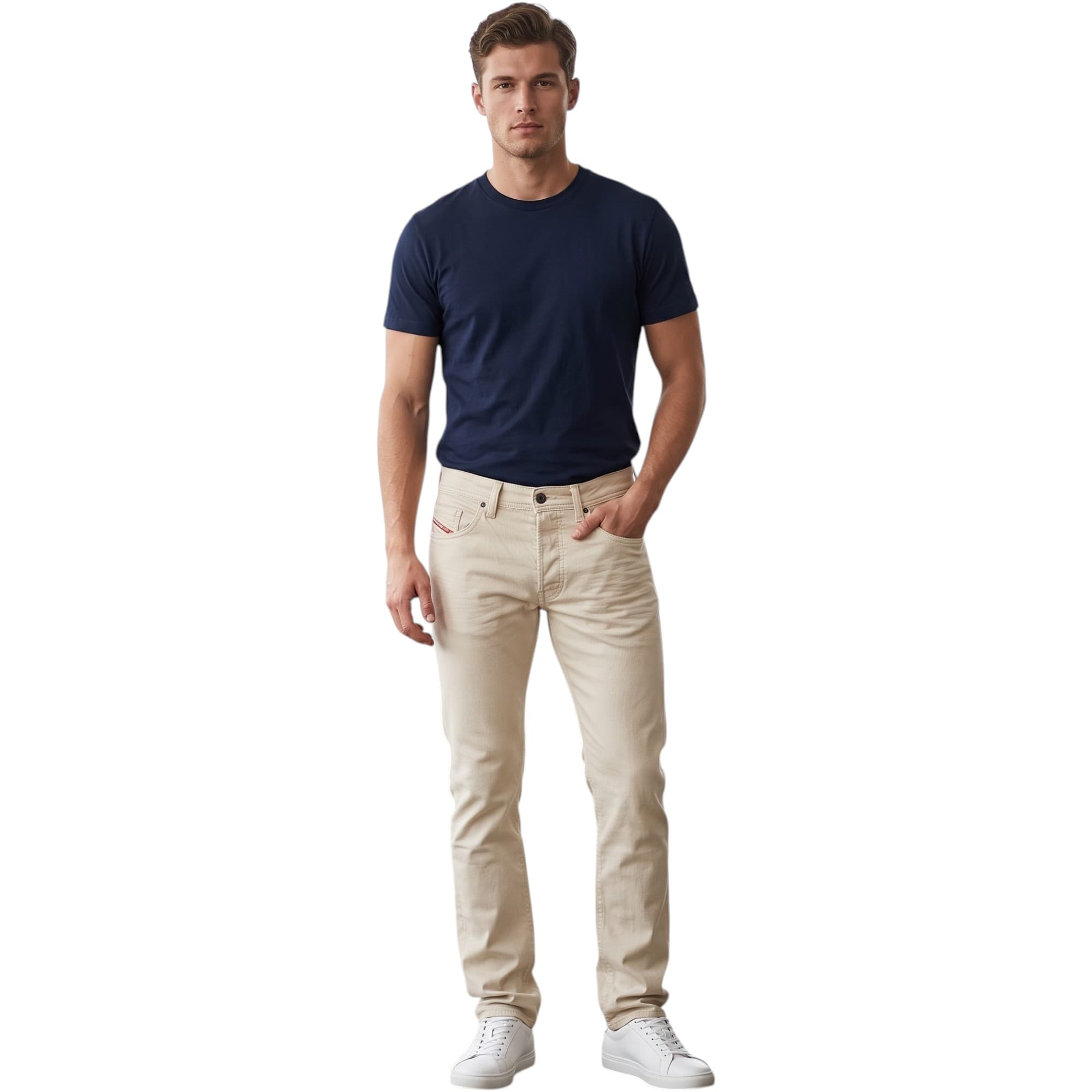 Diesel SAFADO mens light beige denim jeans, regular slim straight fit, front view