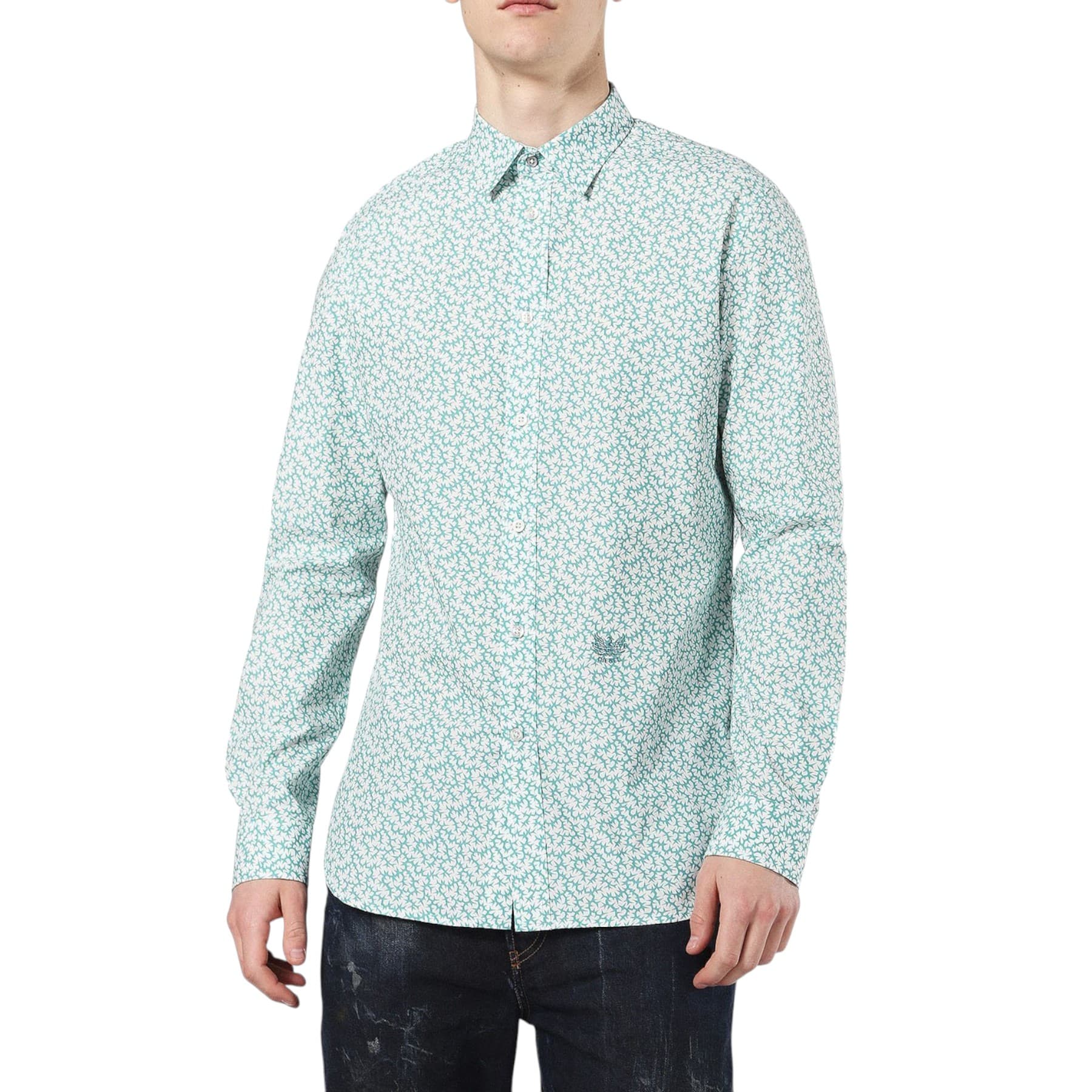 Diesel S-Duny Camicia mens printed shirt in white and green, front view