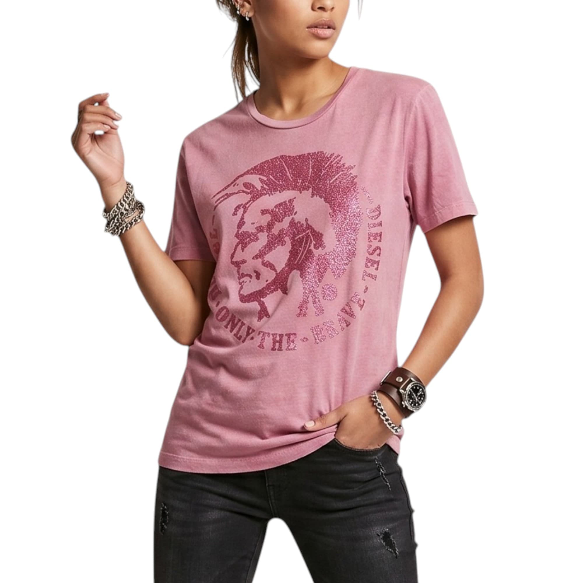 Diesel T-MORI pink rayon-viscose women's t-shirt, front view