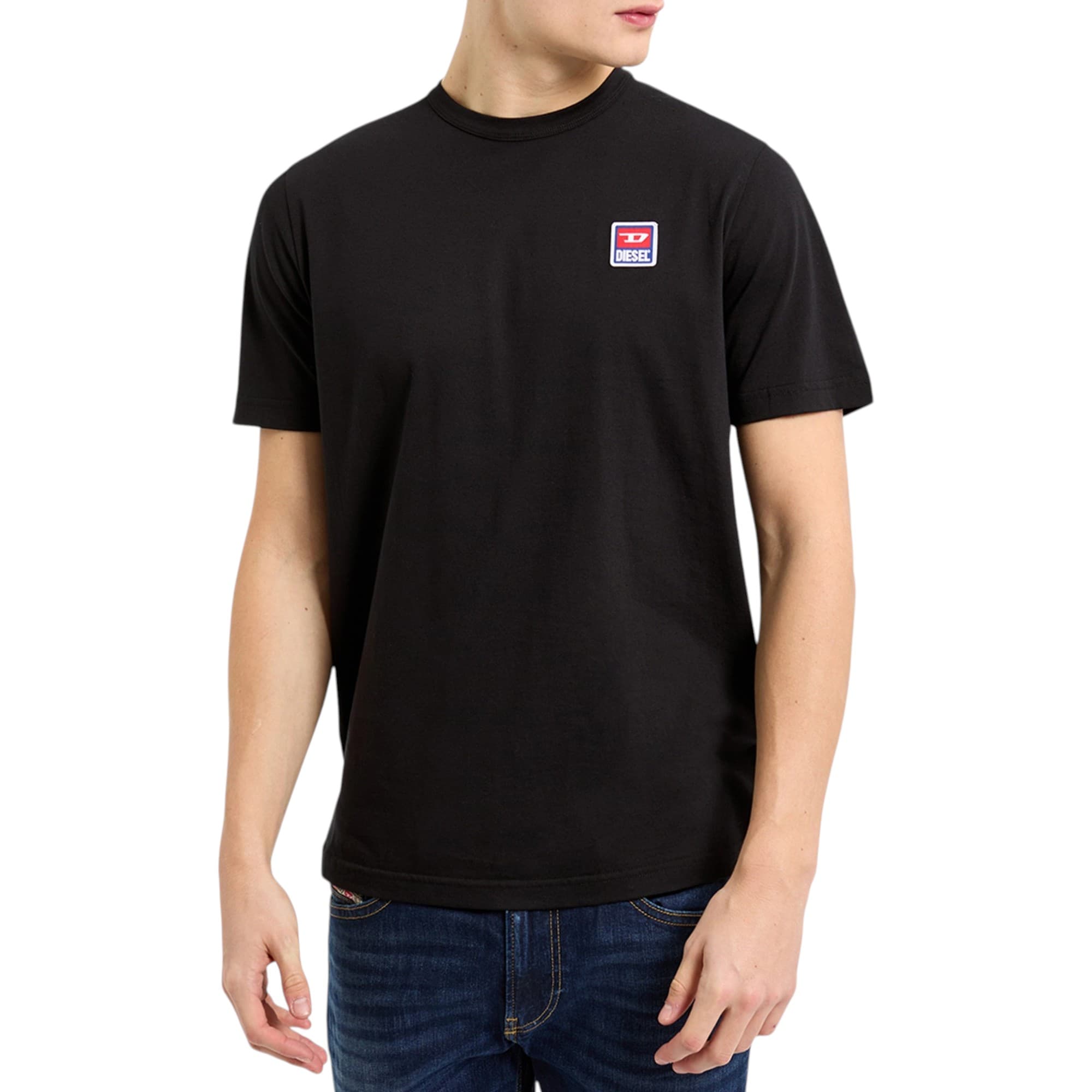 Diesel Men's T-Just black cotton T-shirt front view with logo patch