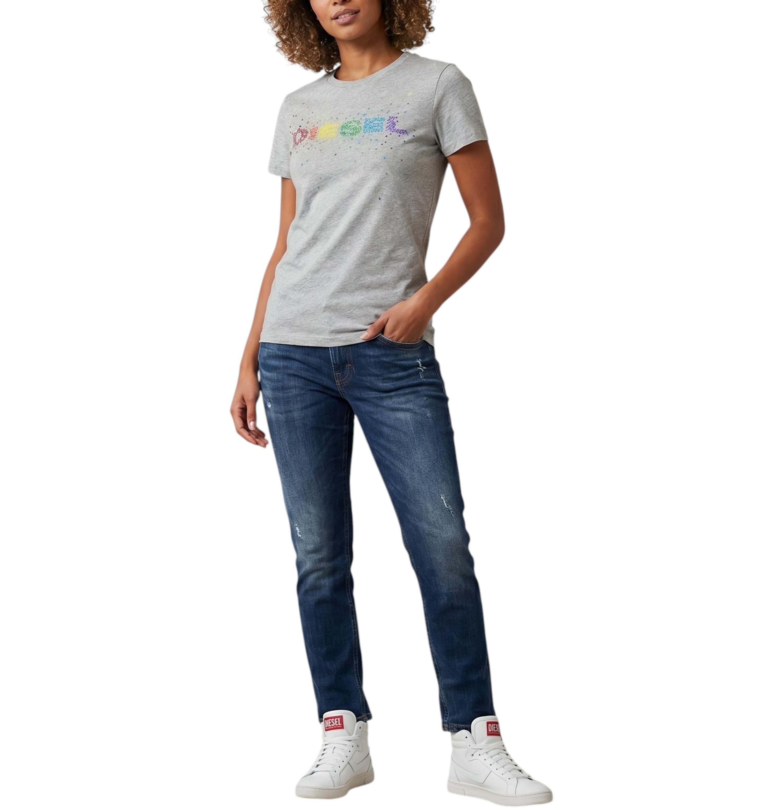 Diesel T-SILY grey women's t-shirt front view, slim fit cotton crew neck with logo
