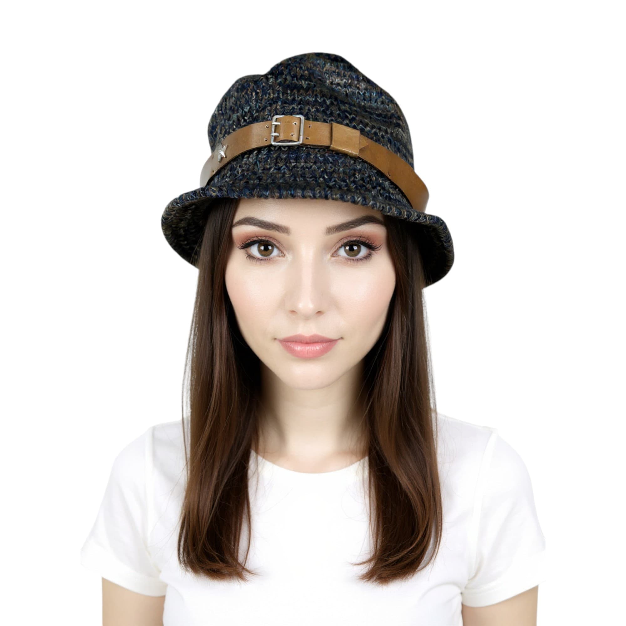 Diesel Corciet khaki wool cloche hat with brown band and metal star buckle, front view